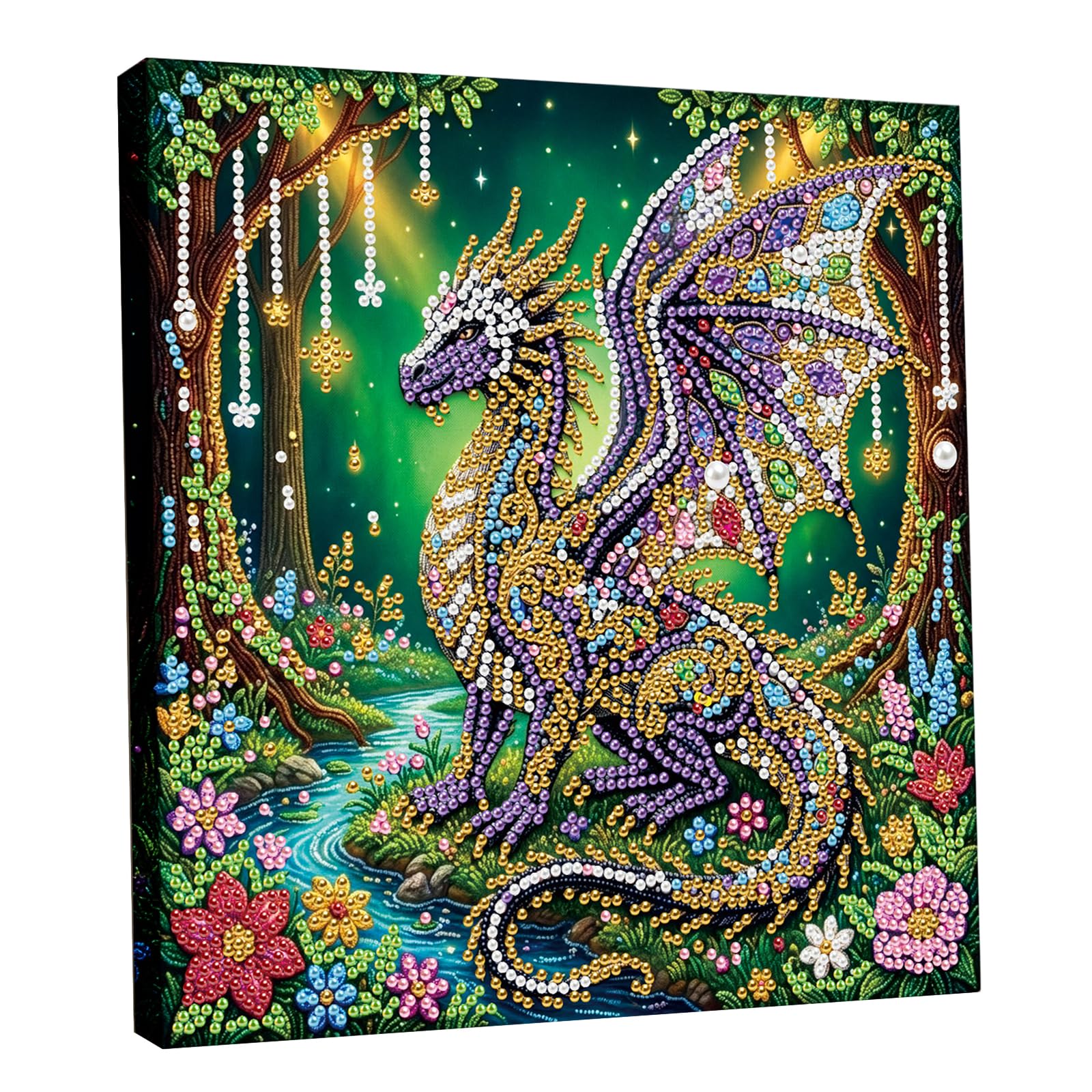 DIY Pearl Painting Kit with Wooden Frame, 3D Plastic Pearl Gemstone Ocean Art Craft for Adults Beginners, Diamond Dot Painting, Home Wall Decor Ready Gift for Women(Forest Dragon)(25 * 25cm)