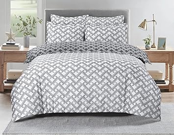 Majestic Giftware Madison Linen 4 Pcs 48" Twin Size Bedding Set (BL107-48T-4pcs) Diamond Braid Dark Gray 300 TC Cotton Sateen Durable & Washable | 1 Fitted Sheet, 1 Duvet, 2 Pillowcases