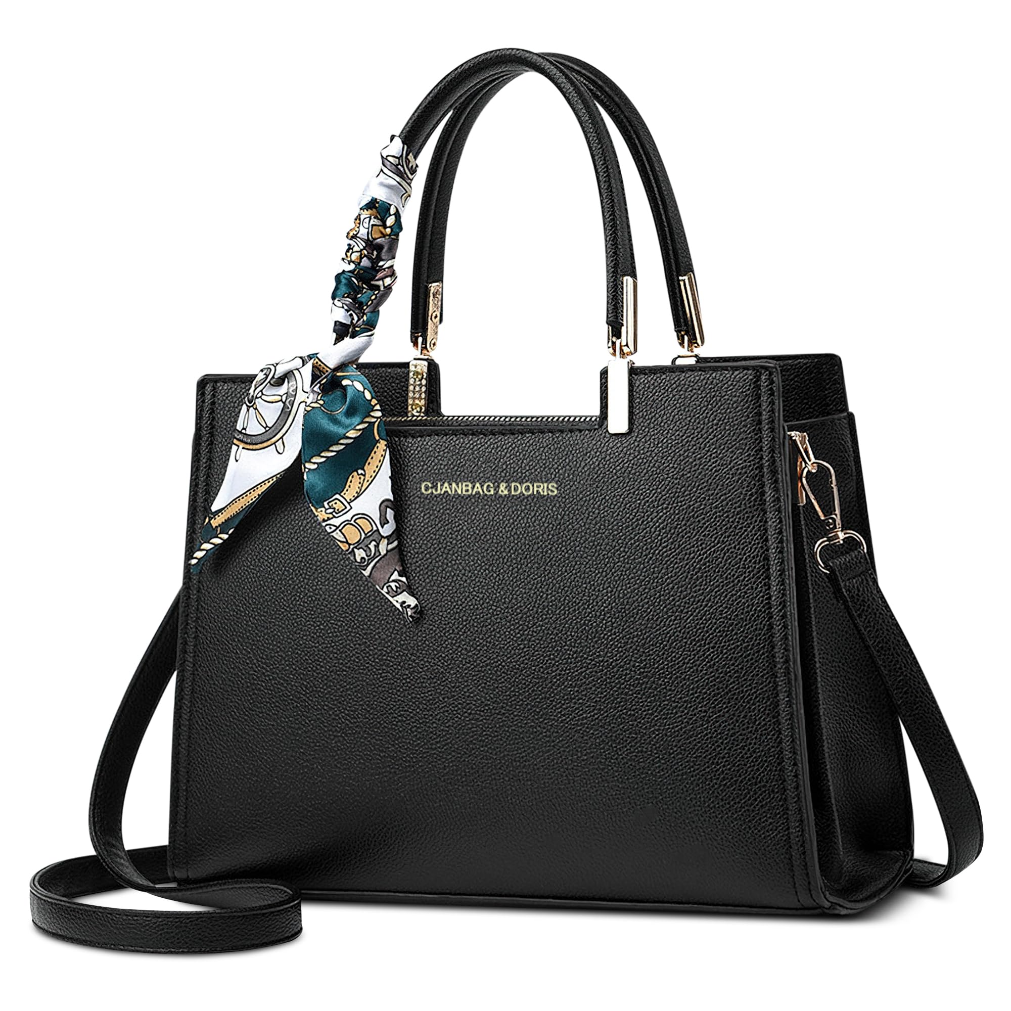 Damen Handtasche Elegant, Henkeltasche Mittelgroß PU Leder Taschen für Damen, Umhängetasche mit Dekorativem Band für Arbeit und Alltag Schwarz