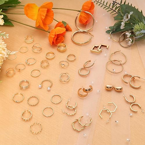 Miniatura 7 de Heliltd Juego de 46 joyas para mujer, pulseras ajustables, apilables, anillos para nudillos, collar en capas, aretes de aro de una sola capa,