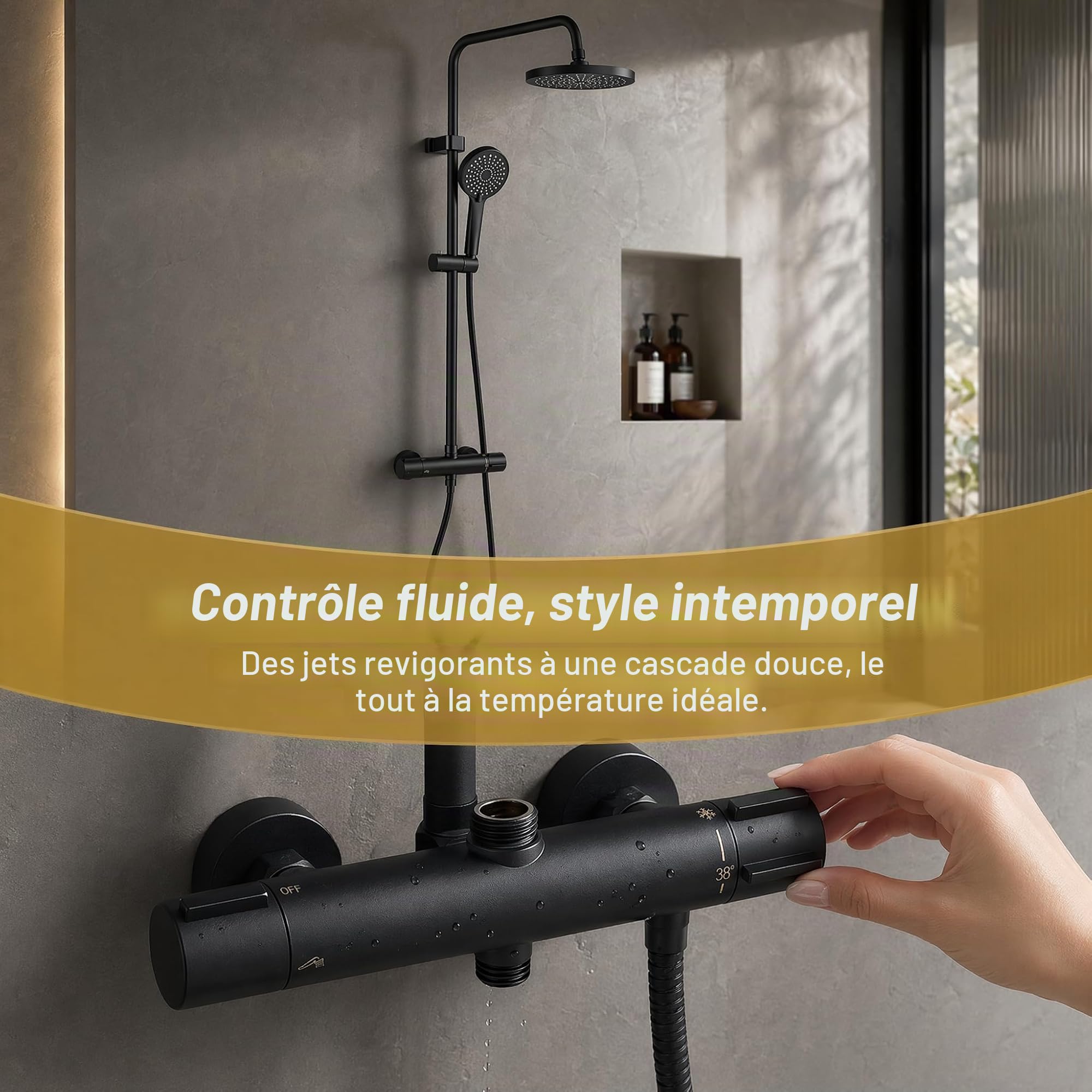Mitigeur douche Thermostatique de Douche 38℃ Bas G1/2 Haut G3/4" BSP | Bain noir Mitigeur douche Thermostatique Robinet de Douche à Deux Sorties Robinet de Douche en Laiton Chromé