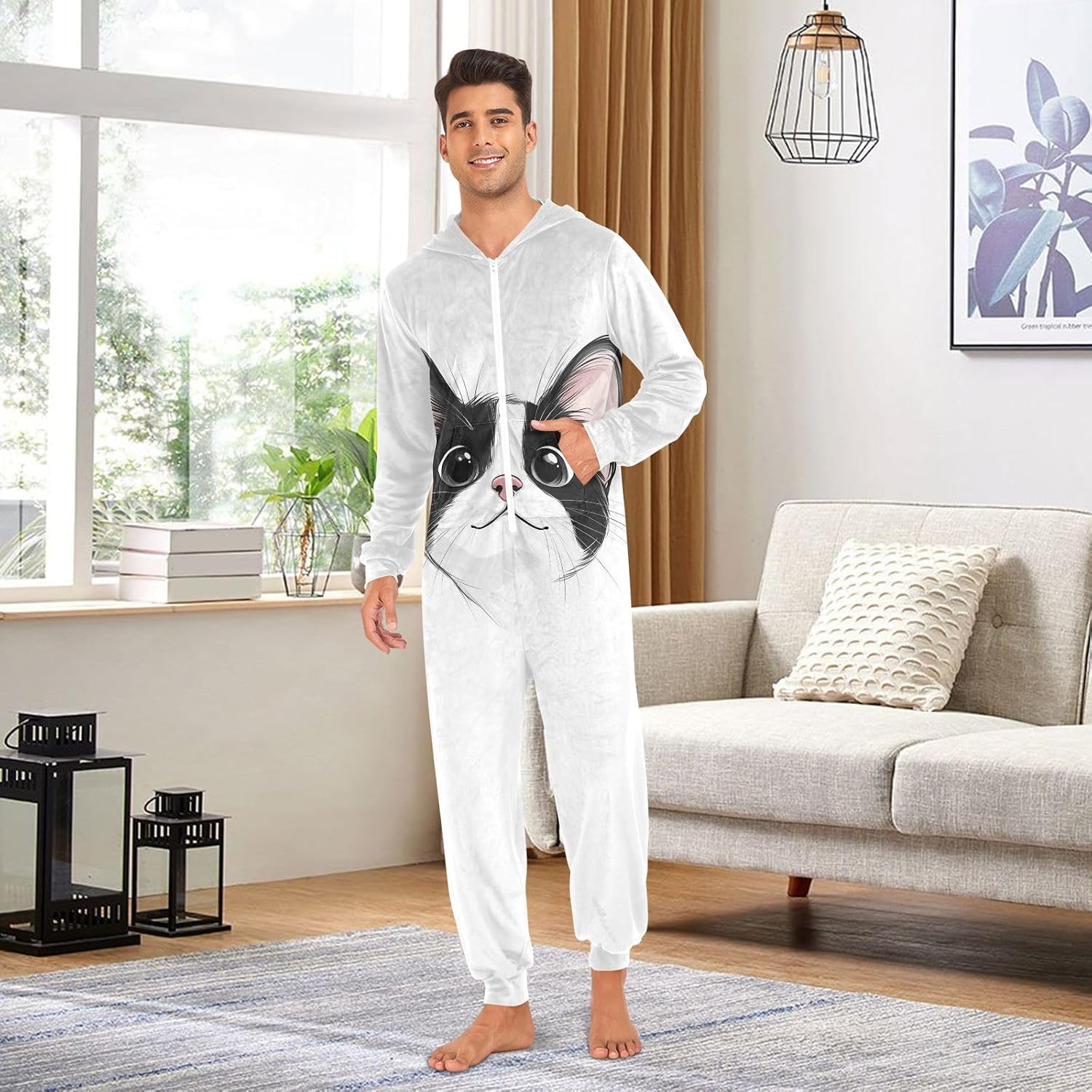 Doodle Black Cat Face Cartoon Zipper Hooded Adult Jumpsuit Pajamas with Pockets XS-3XL