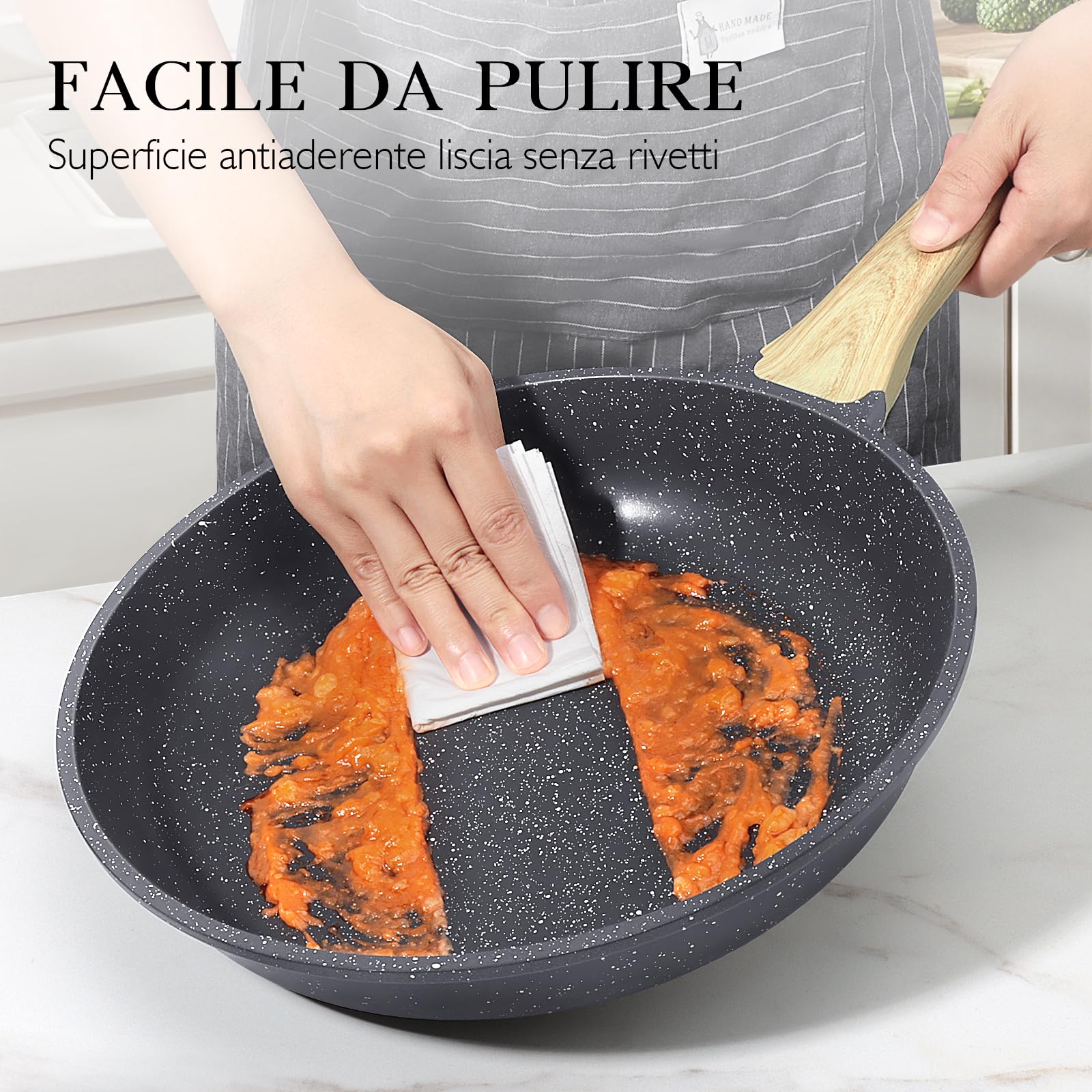 GiPP Padella antiaderente, Padella antiaderente in granito, Padelle non tossiche per cucinare, Padella omelette con manico Stay Cool, Facile da pulire, Induzione compatibile (grigio, 24cm+coperchio)