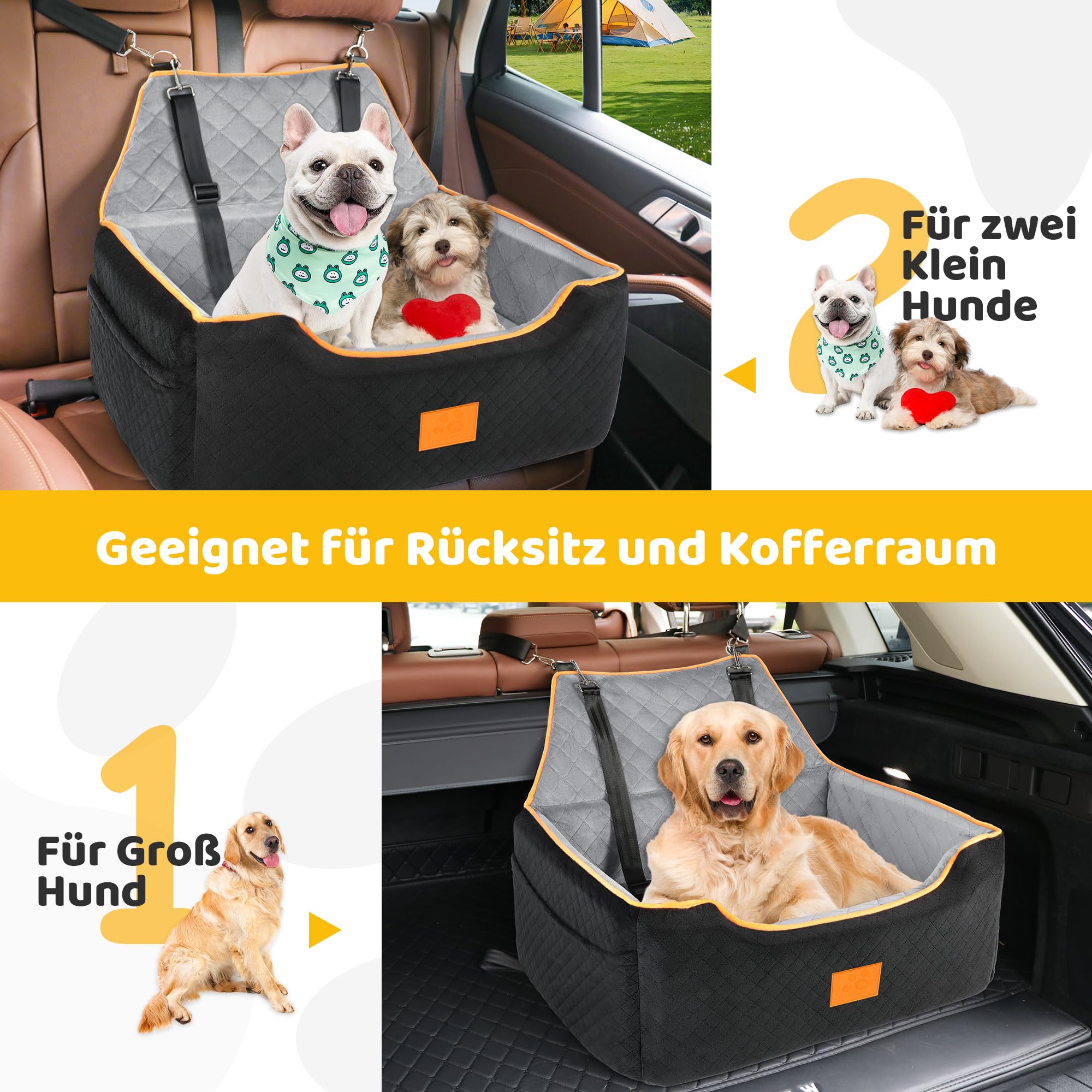 GL GLENSLAVE Hundesitz für große/mittlere Hund,Hundeerhöhungssitz für Hunde unter 25kg oder 2 kleine Hunde, abnehmbar und waschbar Hundesitz mit dicken Kissen und Aufbewahrungstaschen (schwarz/grau)