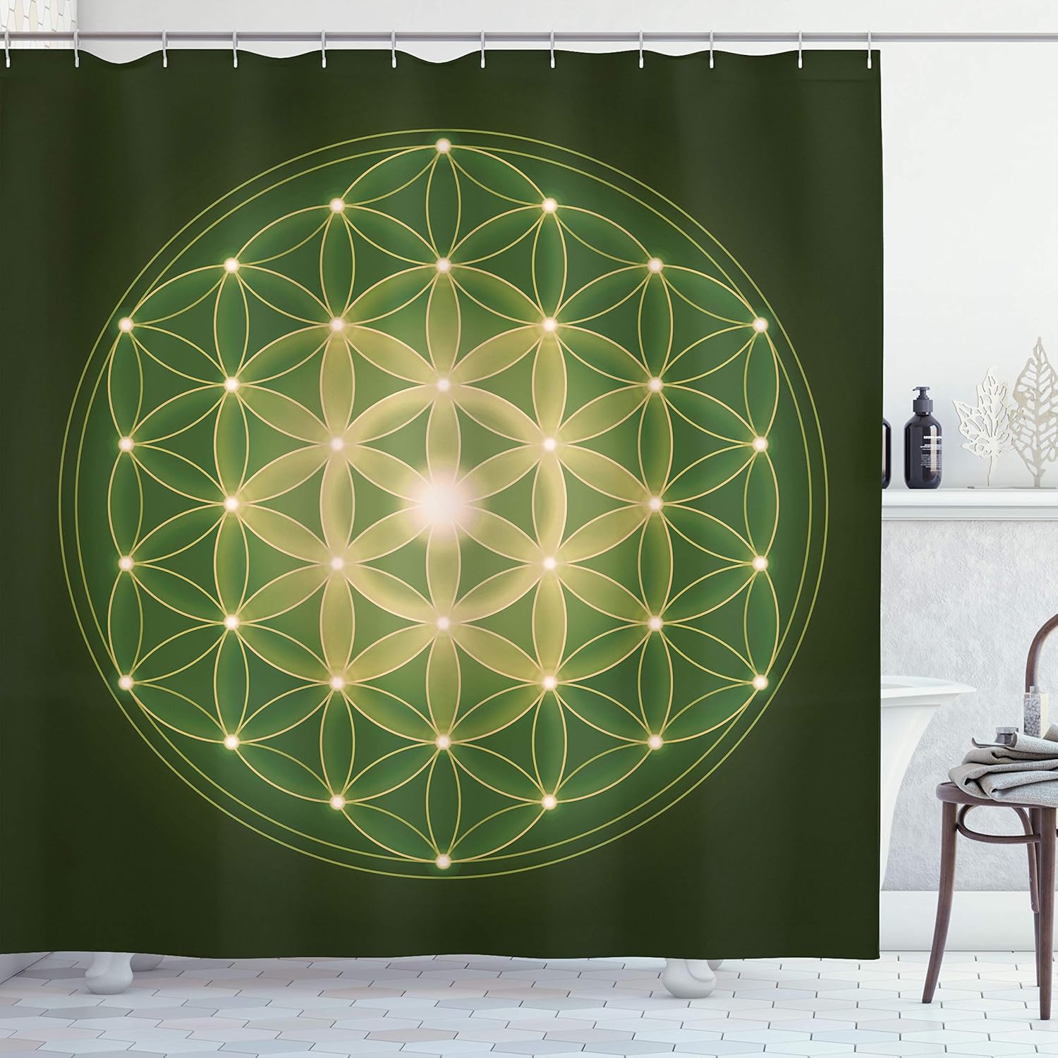 Ambesonne Abstract Shower Curtain, Flower of Life with Stars Geometry Print Mandala Eternity Universe Illustration, Cloth Fabric Bathroom Decor Set with Hooks, 70" Long, Fern Green