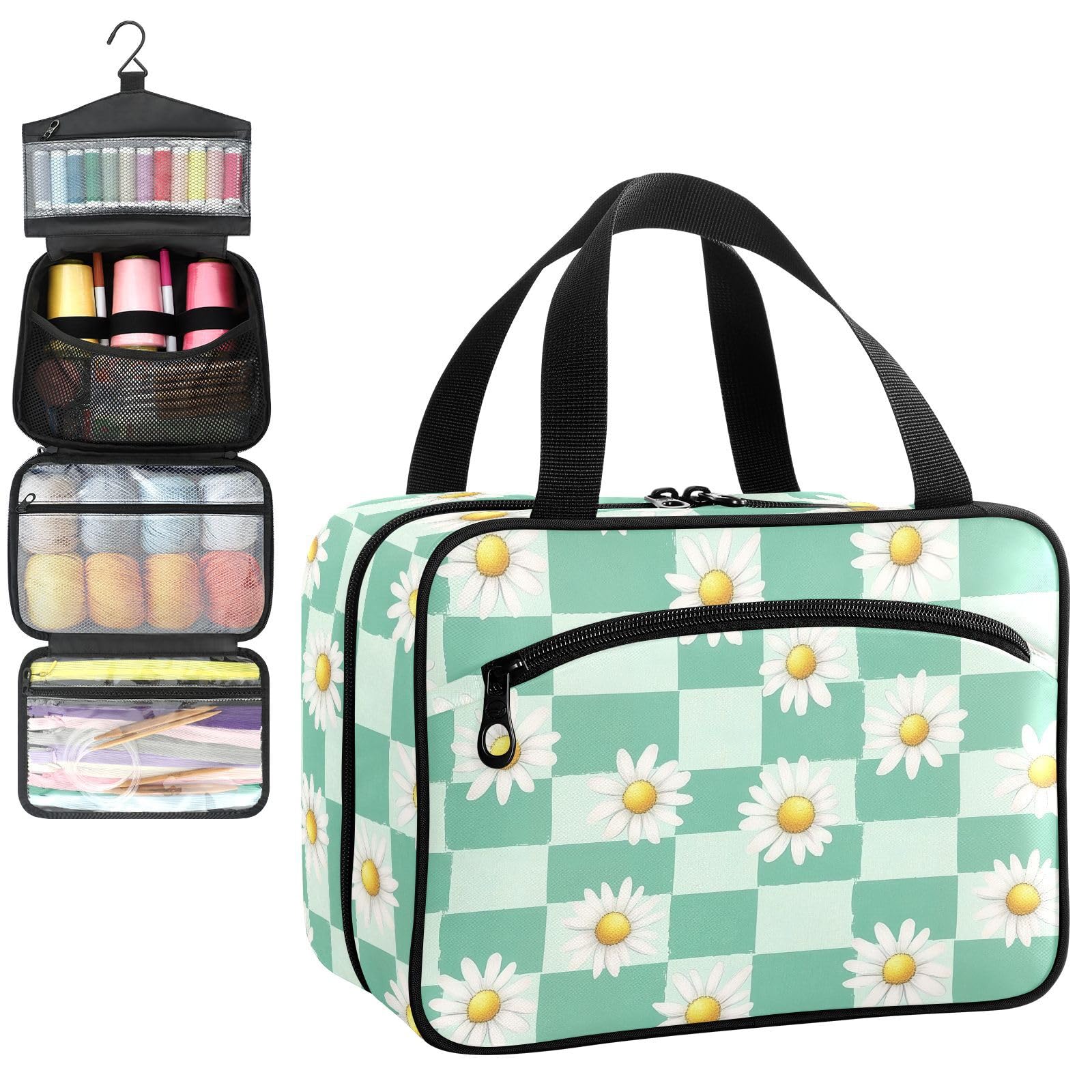 YNNALE Sewing Supply Organizer Bag, Mint Green Checkered Daisy Flower Portable Sewing Bags with Pockets&Hanger, Sewing Storage Box Case for Sew Supplies/Kit/Tools/Accessories (BAG ONLY)