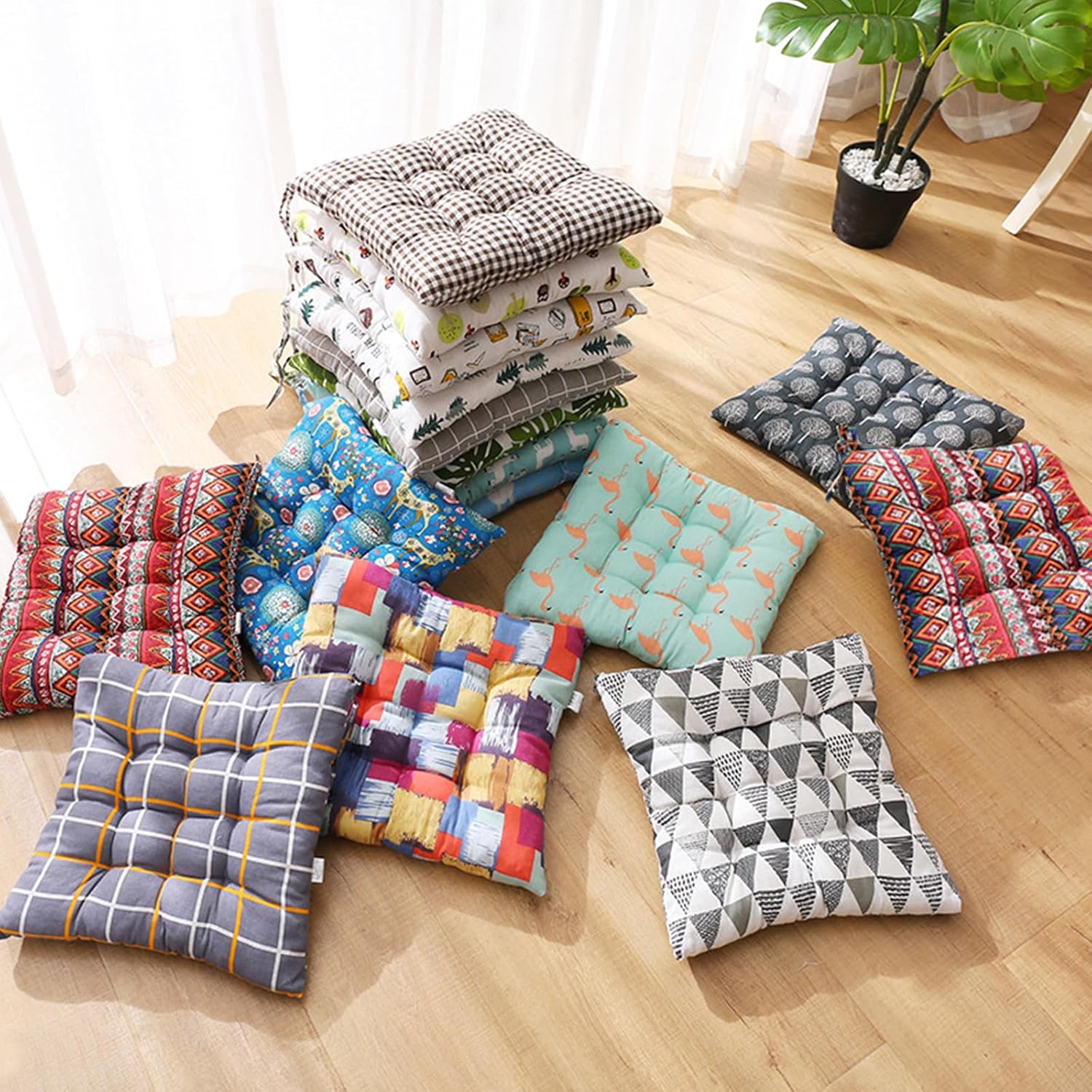 椅子 クッション 2枚セット 通販 椅子用クッション 椅子用座布団 いす用 座布団 ダイニングチェア チェアクッション チェアパッド シートクッション  おしゃれ ひも付き 紐付き 座面クッション シンプル 洗える ナチ | BACKYARD FAMILY ママタウン パッチワークコットンチェアクッション 2個セット ダイニング＆ガーデン用 アームチェア用ソフトシートパッド 45cm ブラウン キッ