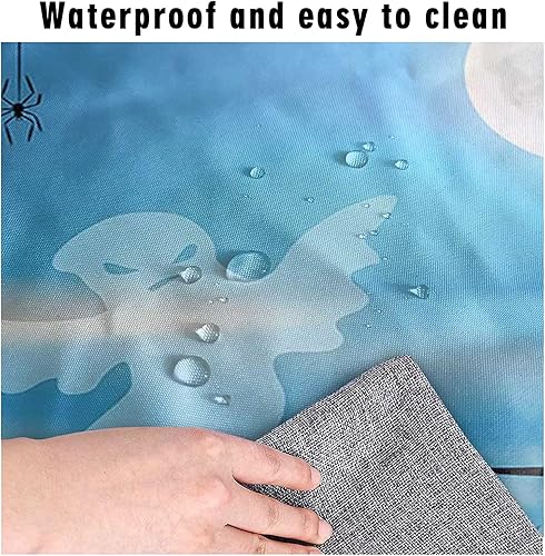 Miniatura 4 de RWNFA Mantel ajustable de fantasma de Halloween, diseño de calabazas y búhos azul y luna grande, borde elástico, mantel rectangular para picnic al