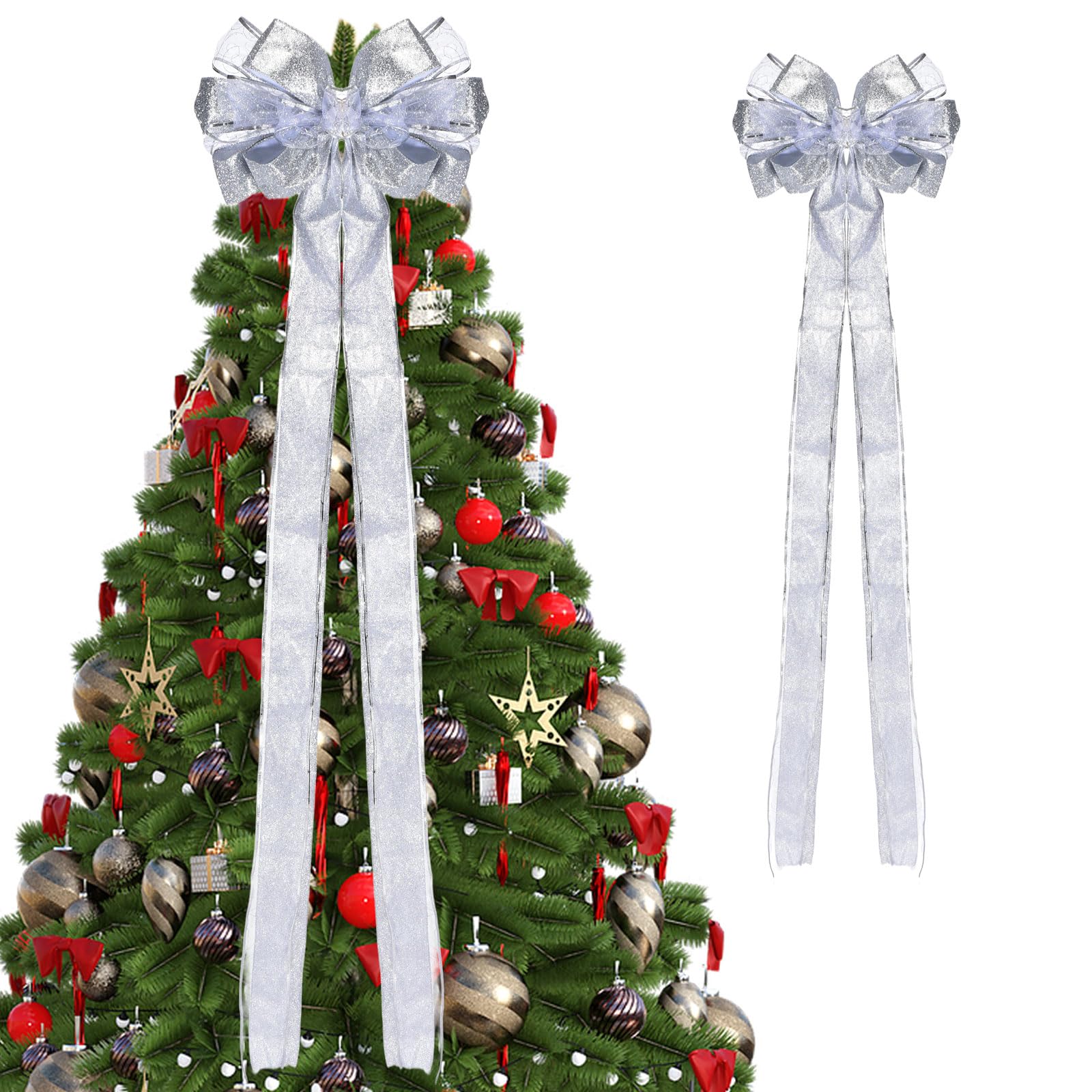 PATIKIL 2 Pcs Grand Nœud d'arbre 52"x13" Décoration De Fleur Argenté | Pour Sapin De Noël Avec Longues Banderoles Et Ruban À Motifs De Flocons De Neige Pour Mariage Anniversaire Fête Party