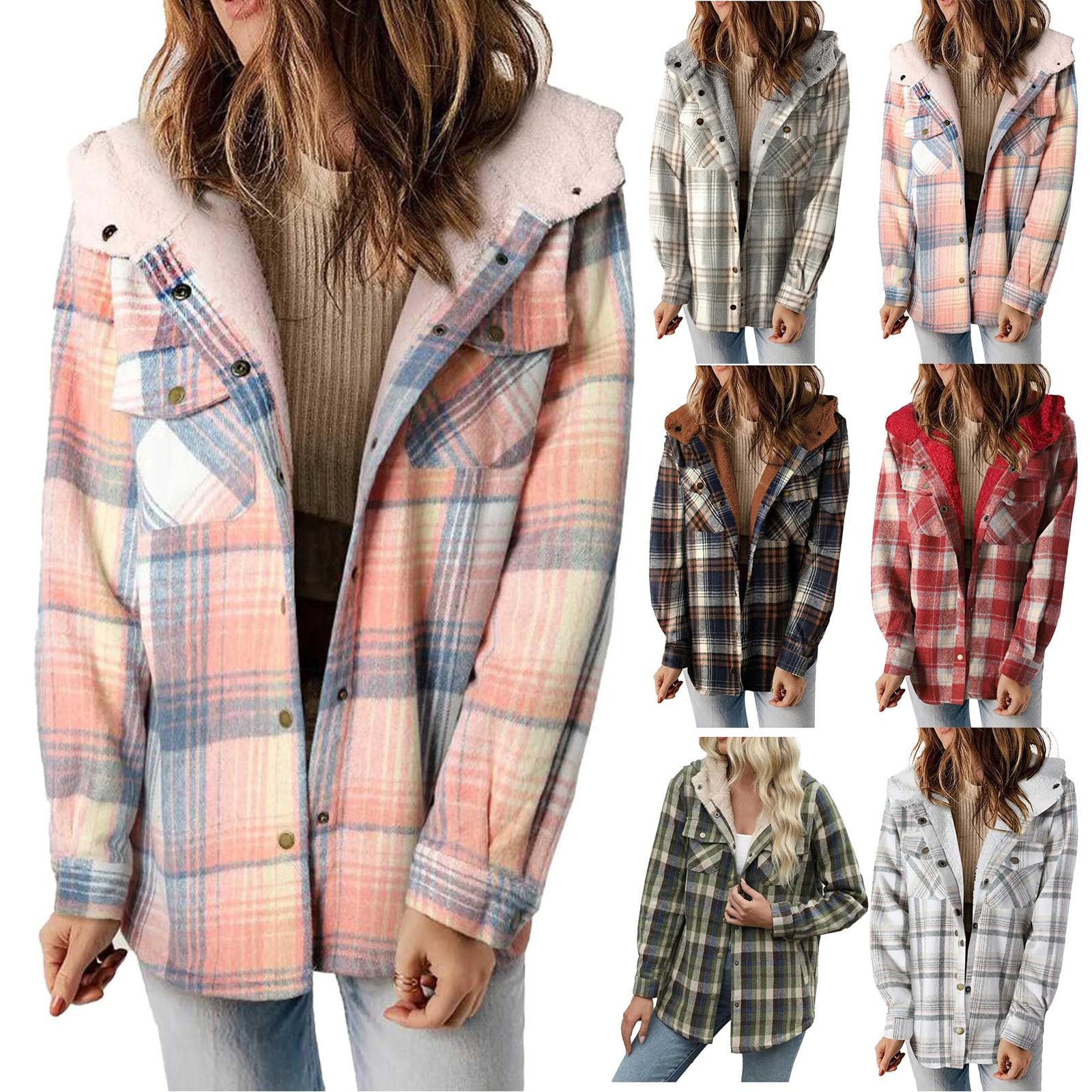 FNKDORWomen's Flannel Checked Shirts Checked Shirts Womens Fall Oversized Long Sleeve Flannel Shirts Laides Autumn Plaid Shirts for Women UK Button Up Jackets Shacket Women