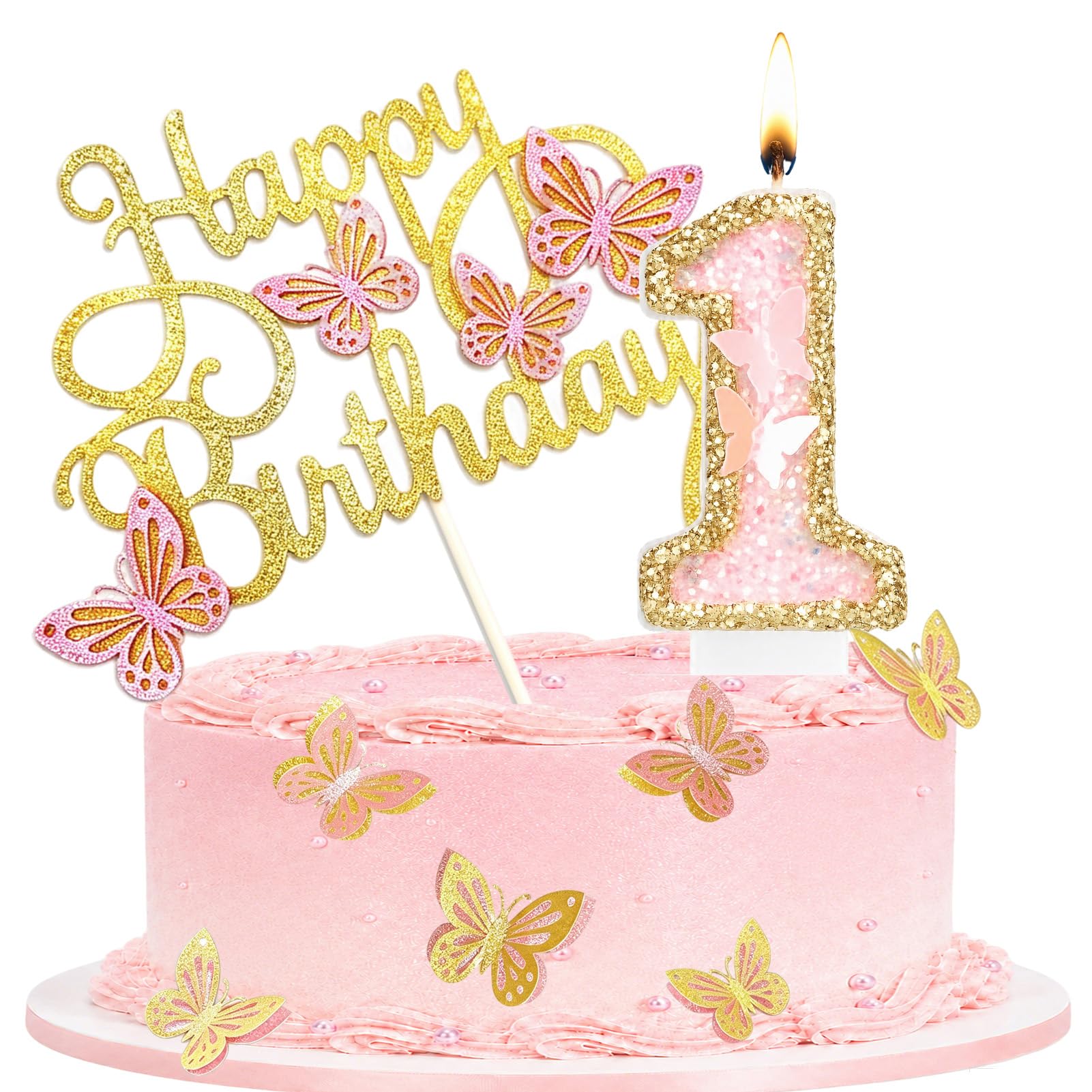Birthday Candle with Pink Gold Butterfly Cake Topper for Party, Number 1 — image 1