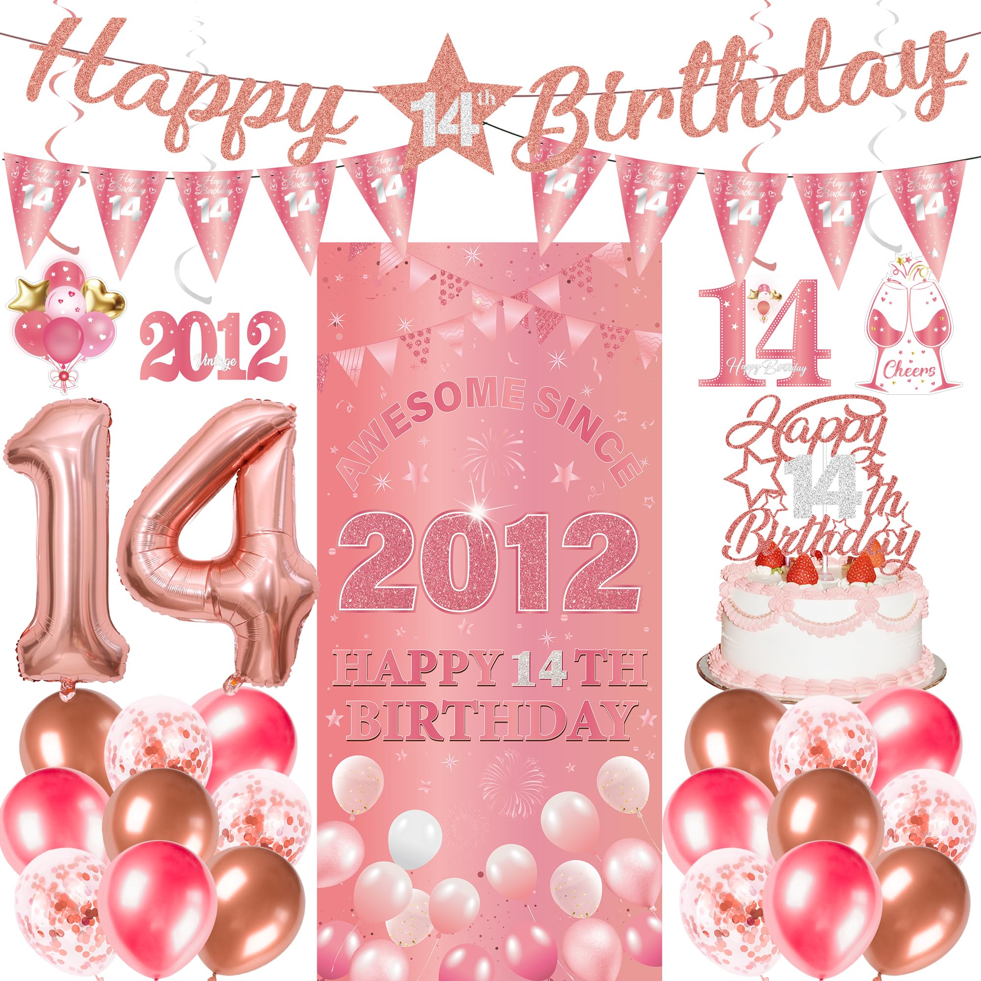 14th Birthday Decorations Girls Kit - 27 Pcs Rose Gold Happy 14th Birthday Banner Triangular Flag Hanging Swirls Backdrop Cake Topper 14 Balloon Set for 14 Years Old Party Decoration Supplies