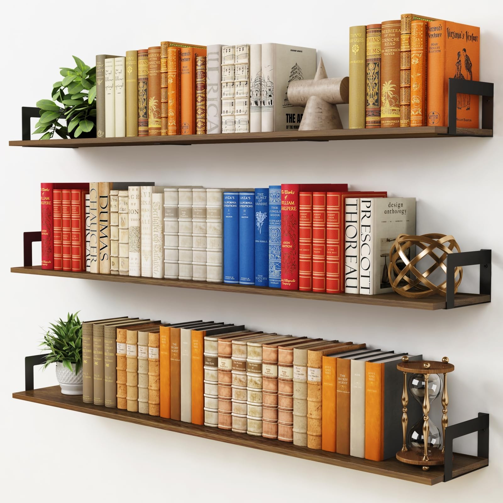 Large Floating Shelves for Wall 48 Inches Long Set of 3, Rustic Wood Wall Bookshelf for Living Room Bedroom Books, Heavy Duty Hanging Storage Shelf for Laundry Room (Dark Brown)