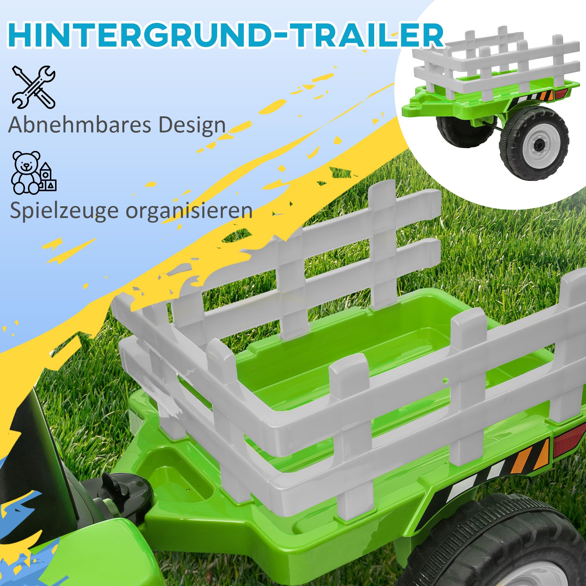 HOMCOM Elektrischer Traktor mit Anhänger 2,4G Fernbedienung 3-6KM/H Grün | Kinder Aufsitztraktor, Kinder Elektroauto mit MP3 Funktion, Kinderfahrzeug mit Scheinwerfer, für 3-6 Jahre
