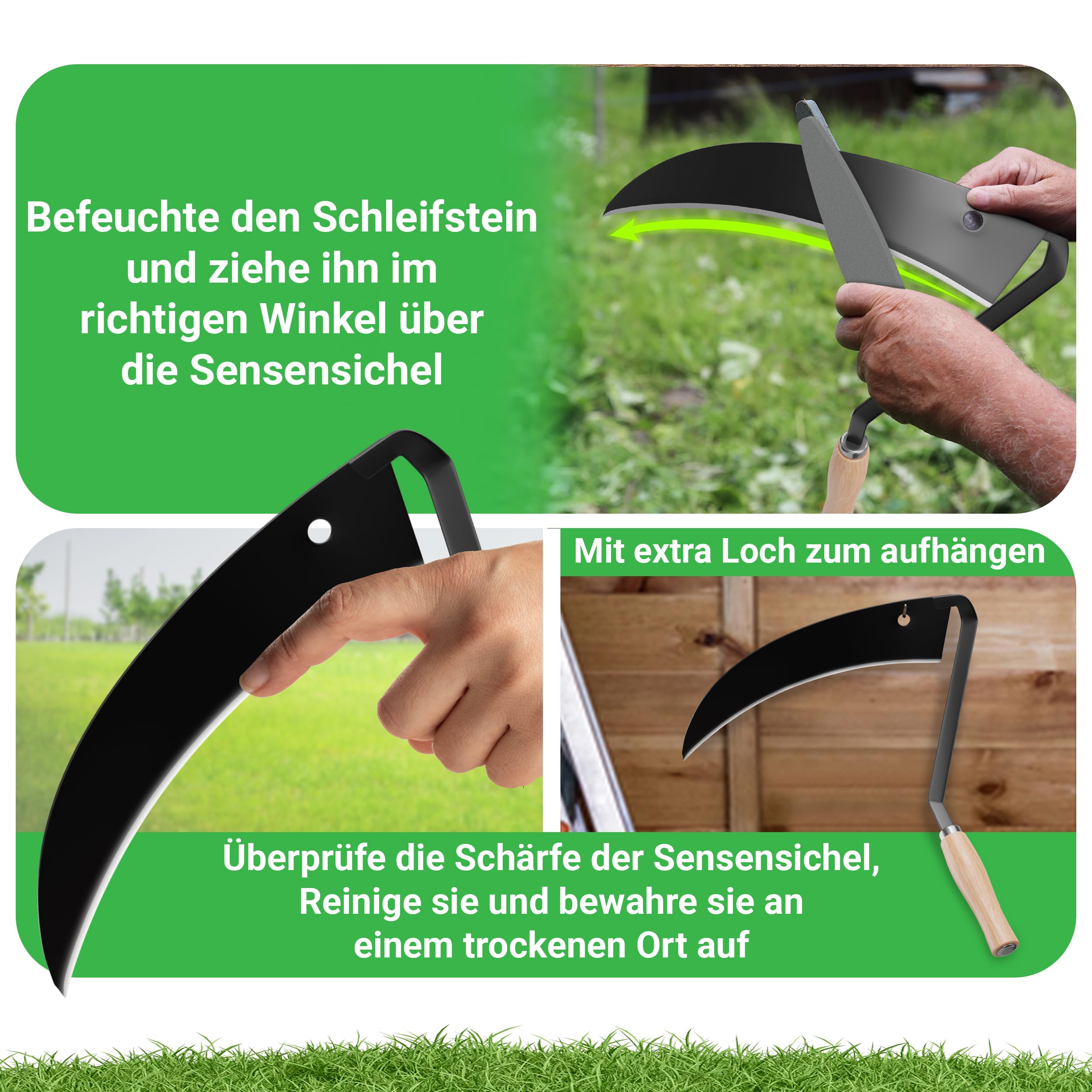 Sensensichel mit Holzgriff - traditionelle scharfe Sichel - nachhaltige Handsense 31x33 cm- inklusive Gratis Schleifstein – robuste Handsense für Gras