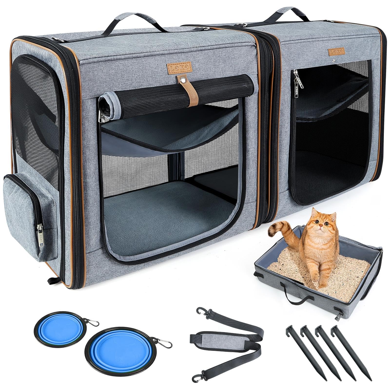 Lekeinchi 2-in-1 Cat,Dog Carrier for Small Medium Large Pets up to 35 Lbs, (17.7"*2)*16.5"*13" Car Travel Carrier with Litter Tray, Bowl and Locking Zipper (Grey)