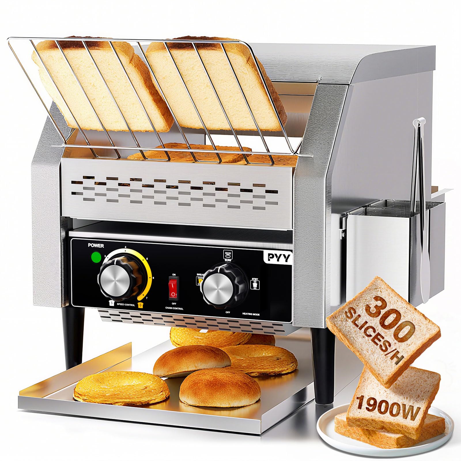 PYY Commercial Conveyor Toaster - 300 Slices/Hour Restaurant Conveyor Toaster for Bun Bagel Bread, Heavy Duty Stainless Steel 1900W, 110V
