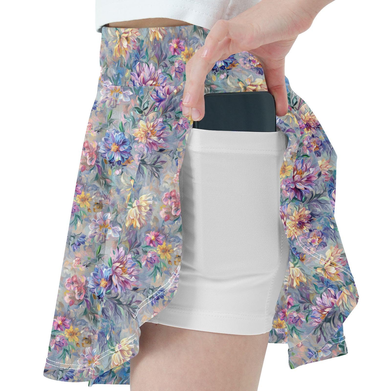 Flower in Vintage Girls Athletic Skirts with Built-in Shorts Flowy Performance Skorts Pleated Skirt Kids with Pockets 4-12Y