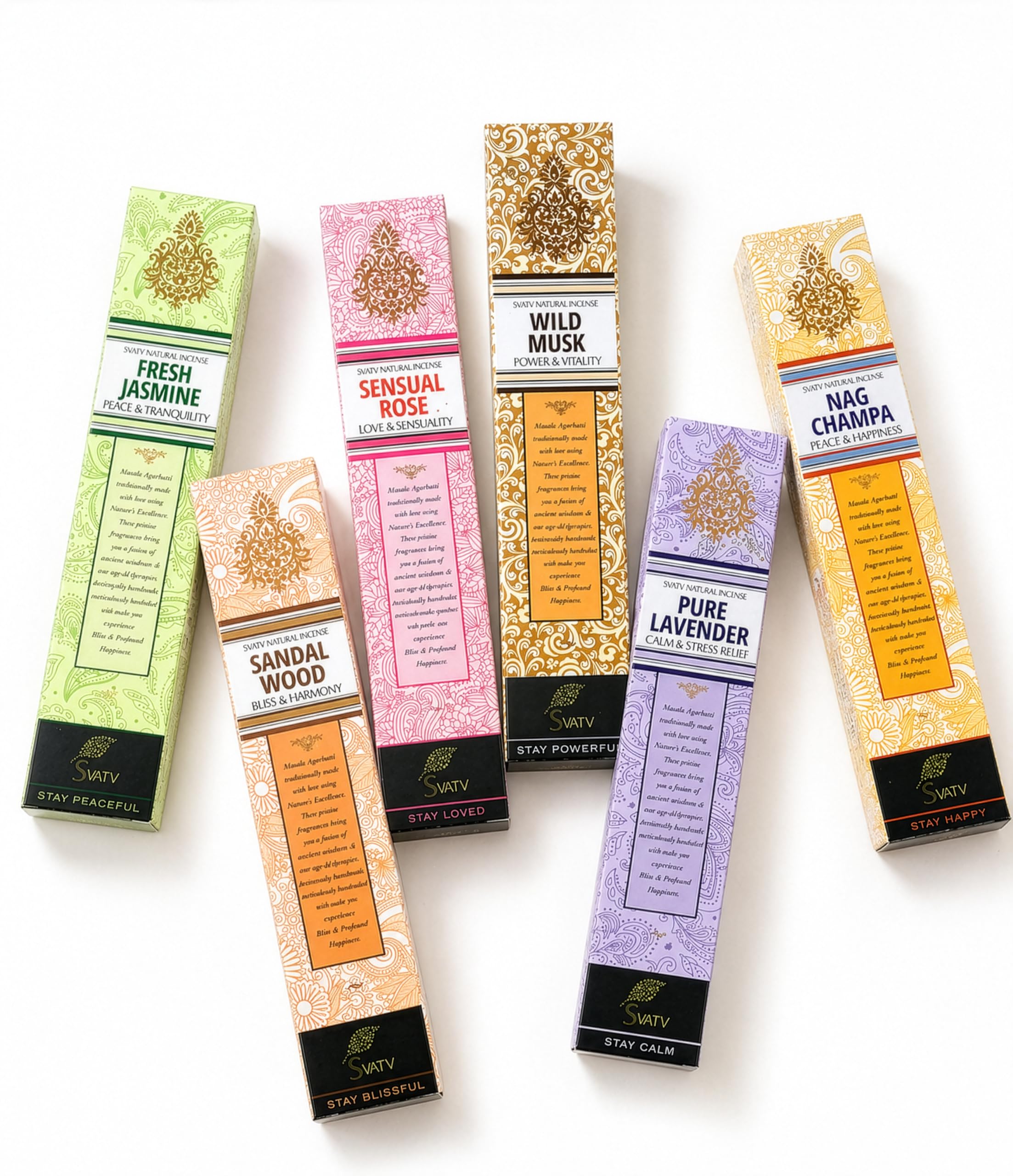 Svatv Multi Colour Incense Stick With Pack Of 6 Incense (Nagchampa, Sandalwood, Lavender, Rose, Musk, Jasmine) For Meditation, Yoga, Spiritual - 15G X 06 Incense | 90G | 3.17Oz