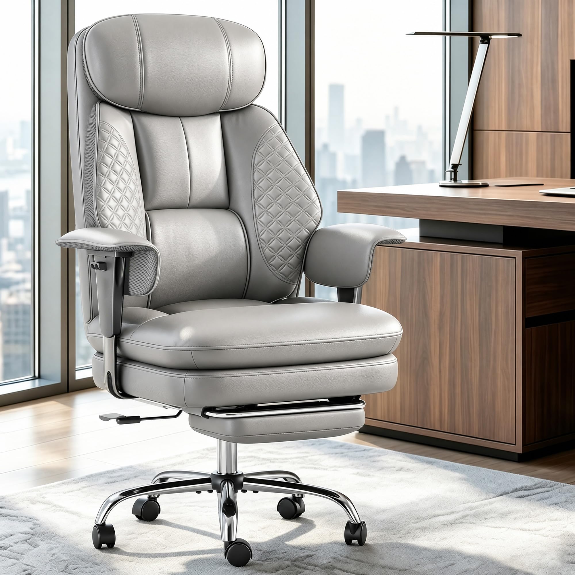 ALPHA HOME Chefsessel Bürostuhl Ergonomisch mit Fußstütze, Grau | Schreibtischstuhl mit Hoher Rückenlehne, Computerstuhl PU-Leder, Verstellbare Armlehnen& Höhe, Wippfunktion, Dicke Polsterung