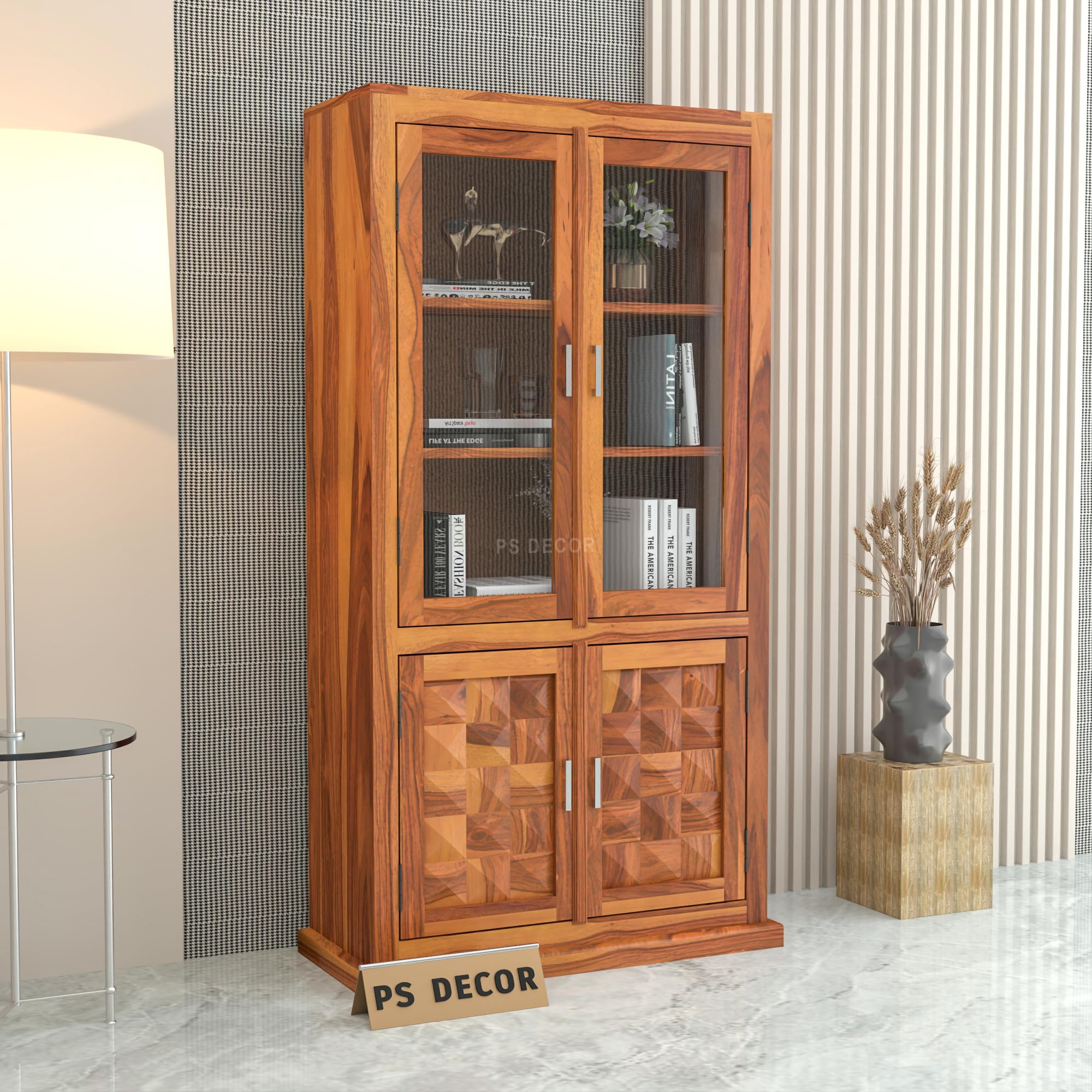 PS DECOR Solid Sheesham Wood Book Shelf with Acrylic Glass Doors and Storage Cabinet | Rosewood Display Unit with 4 Doors for Living Room & Office (Natural Finish)-image-33