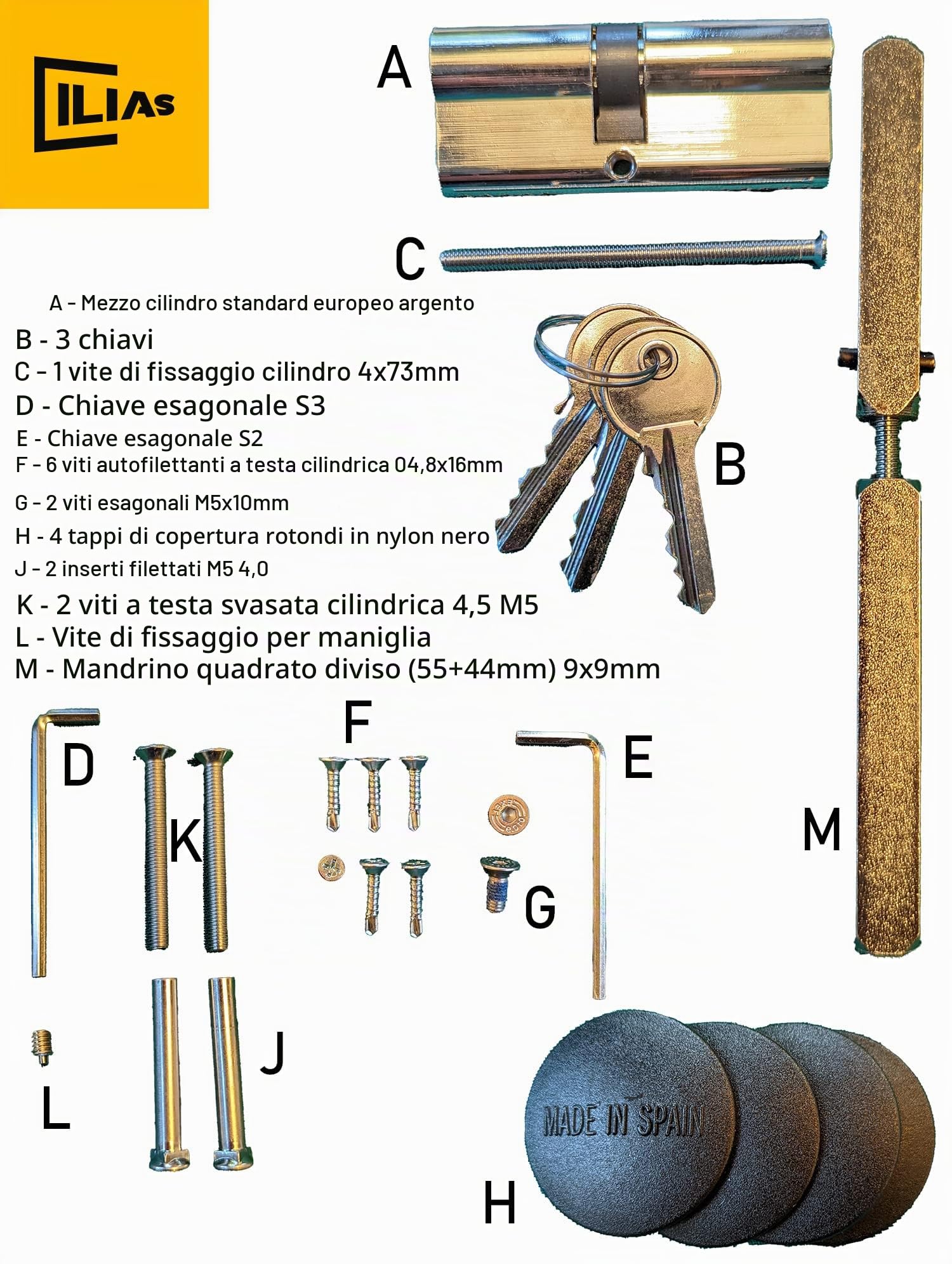 Maniglione antipanico con serratura, maniglia, cilindro per porte su uscite di sicurezza, marcato CE, EN 1125 (Kit completo)