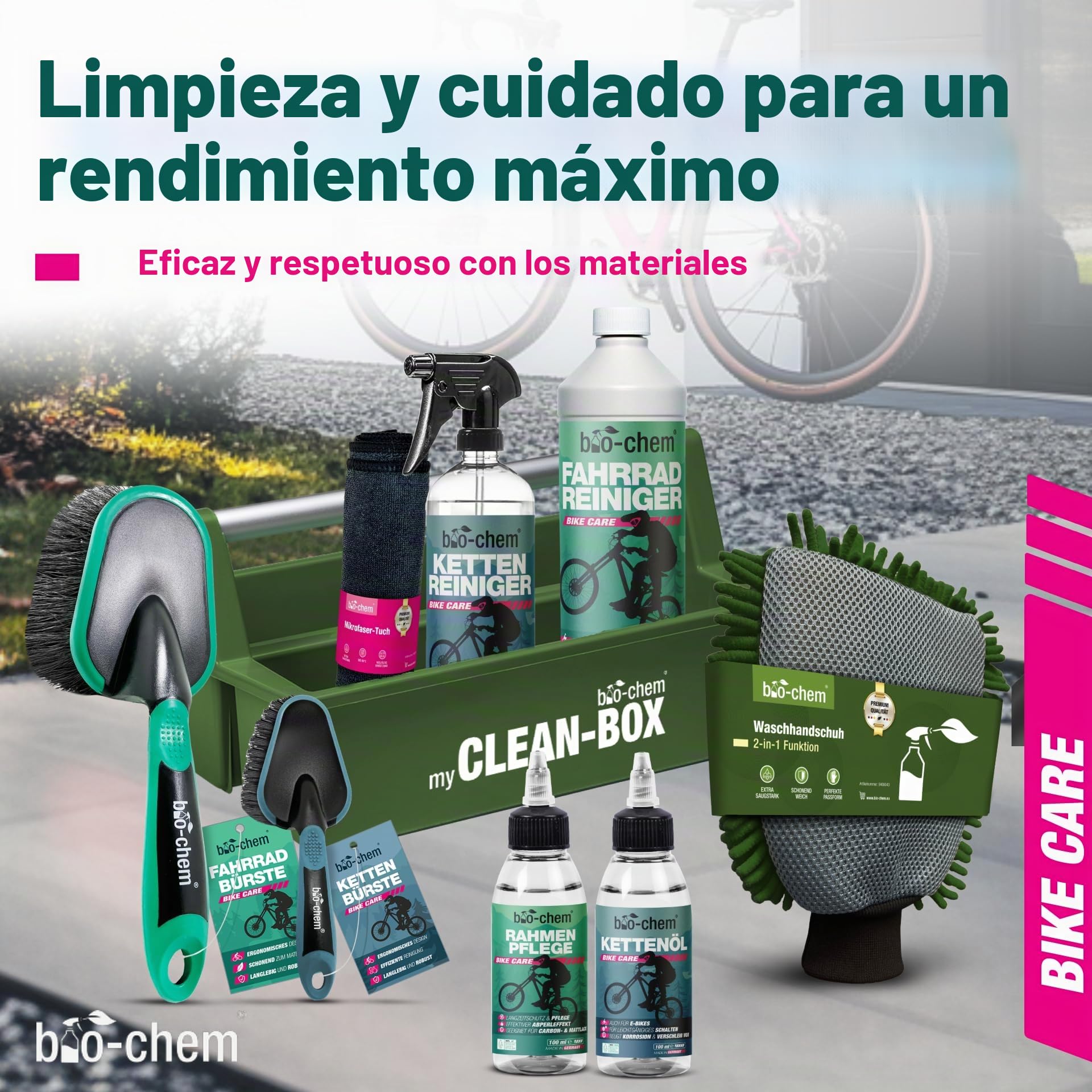 bio-chem Kit de 9 productos para el cuidado de bicis + accesorios | Productos para la limpieza de los cuadros de las bicicletas de carretera y de las cadenas - Accesorios y Caja incluidos
