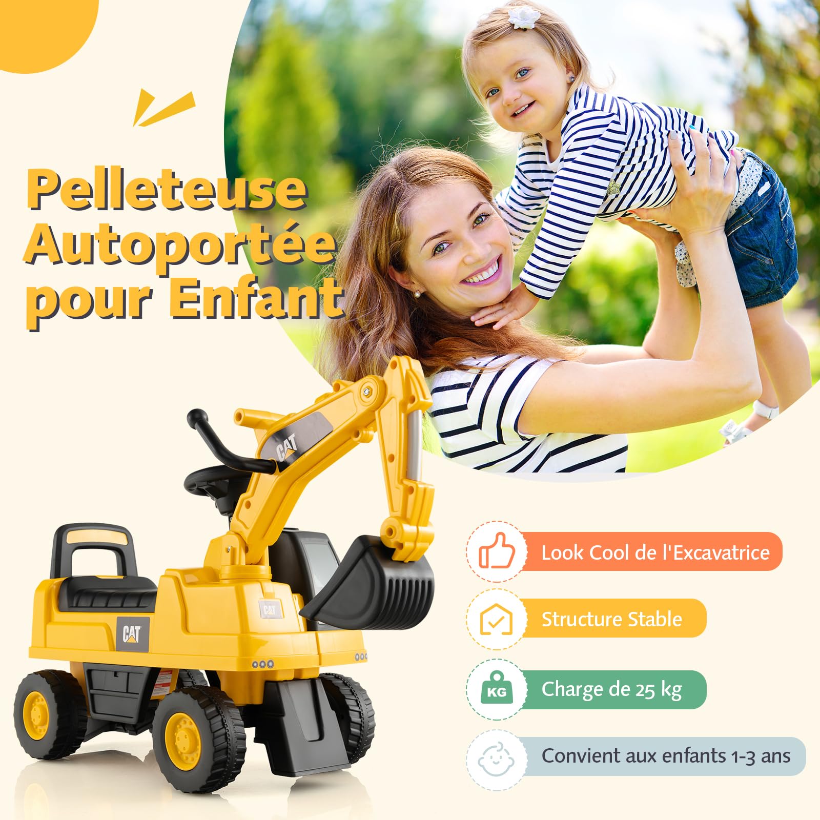 DREAMADE Pelleteuse Enfants 1-3 Ans,Jouet Excavateur Enfant avec Espace de Rangement,Tractopelle Enfant avec Bras à Angle Réglable (Pelleteuse)