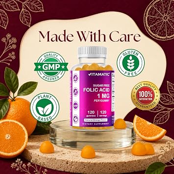Vitamatic Sugar Free Folic Acid 1 mg Gummies 120 Count Orange Flavor-2 Pack