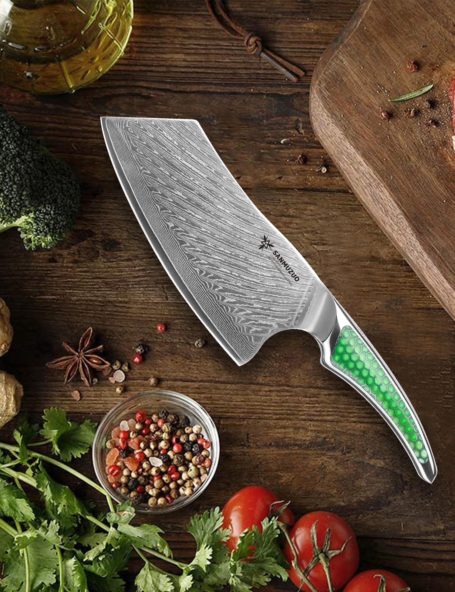 Coltello Nakiri da 18CM, coltello da carne giapponese in acciaio damasco VG-10, coltello da verdura ultra affilato con impugnatura a codolo intero in resina verde, serie LA-S9
