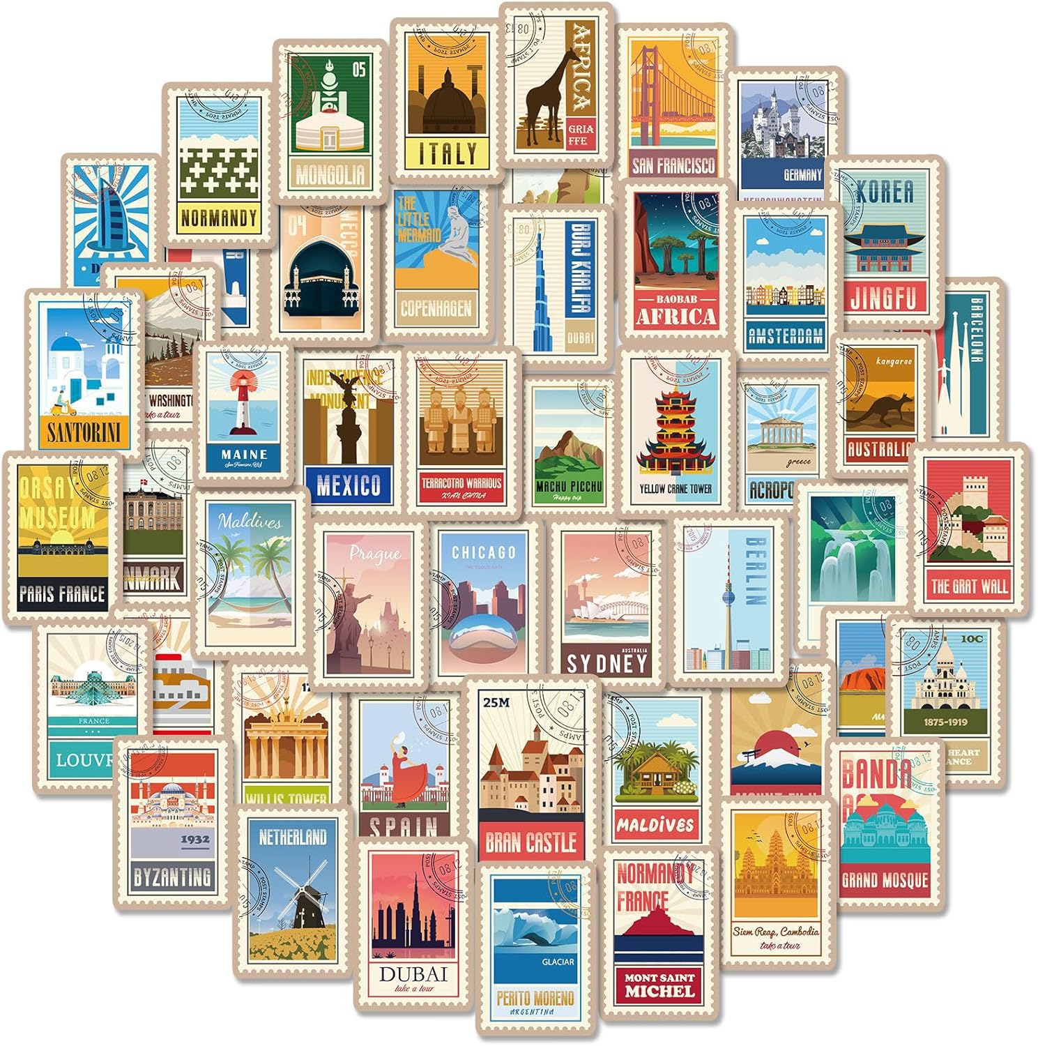 Vintage Landmark Stickers for Travel Enthusiasts, 50PCS Retro Cityscape Decals for Travel Gear Luggages Laptops & Bikes – Classic Urban Symbol Stickers for Teens Adults
