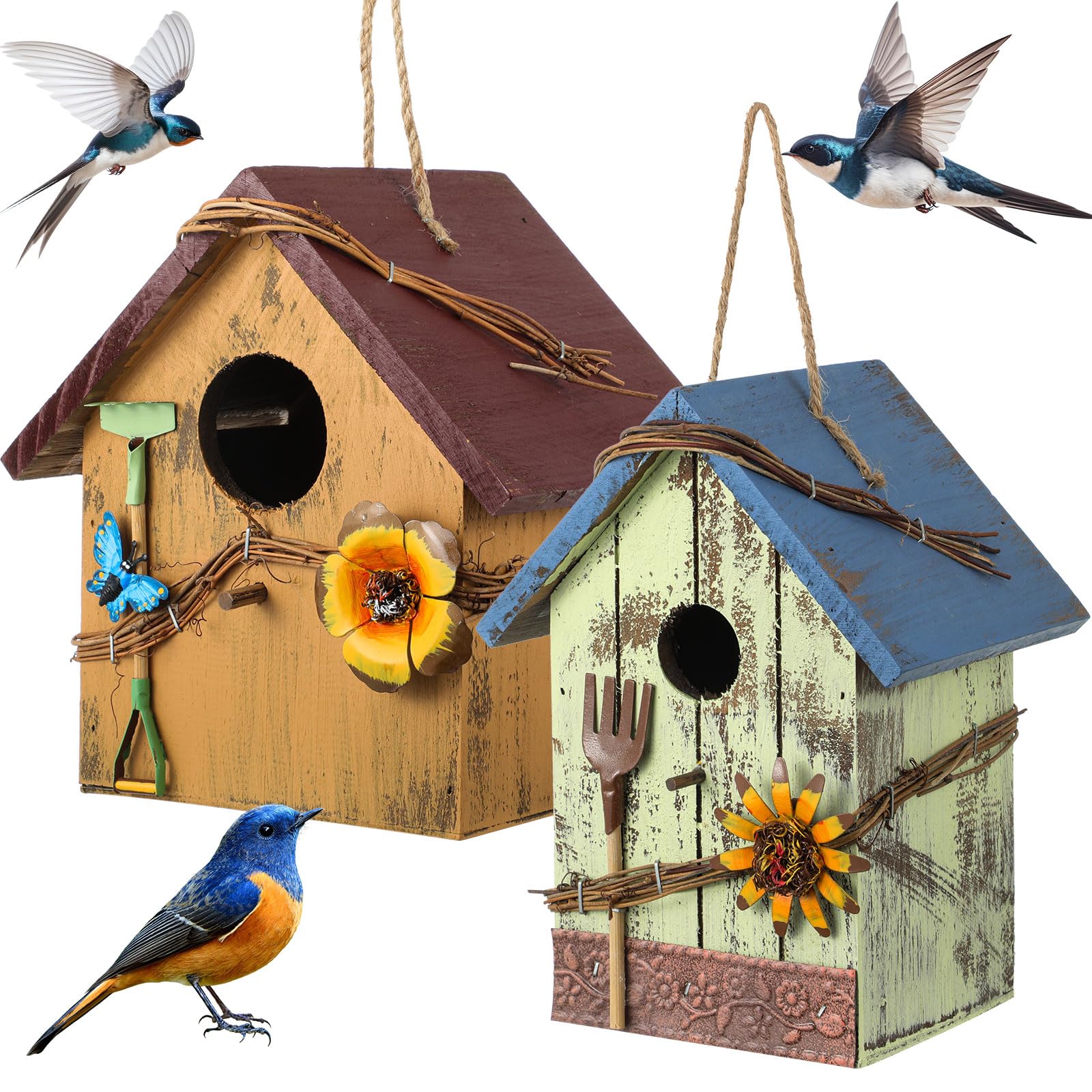 DoubleFill Dekoratives Vogelhaus für den Hof zum Aufhängen, Holz, handbemalt, Vogelhaus für Vogelliebhaber, Blauvogel, Baum, Schwalbe, Wildküken, Gartendekoration (Blau, Gelb, Holzdach), 2 Stück