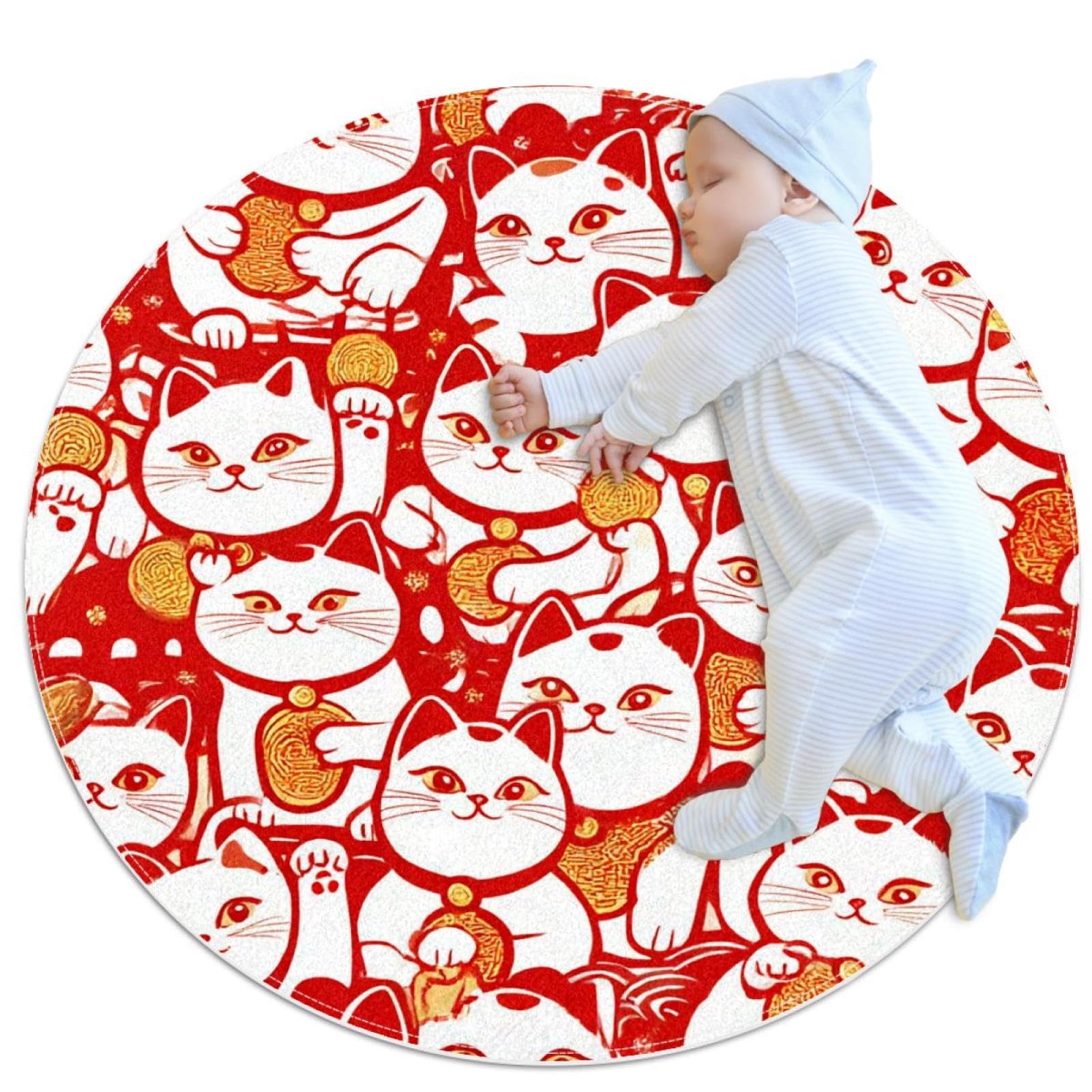 Tapis de bain chats Maneki Neko rond 1m antidérapant pour chambre