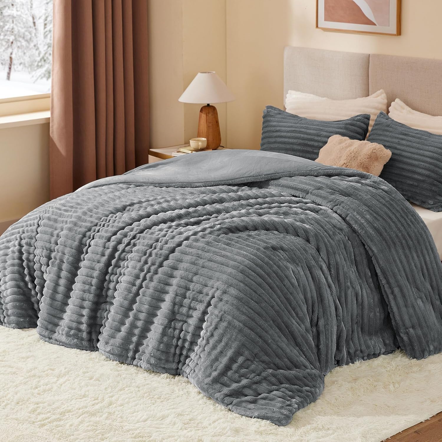 BEDELITE Fleece Full Comforter Set -Super Soft & Warm Grey Bedding, Luxury Fuzzy Heavy Bed Set for Winter with 2 Pillow Cases - Image 2