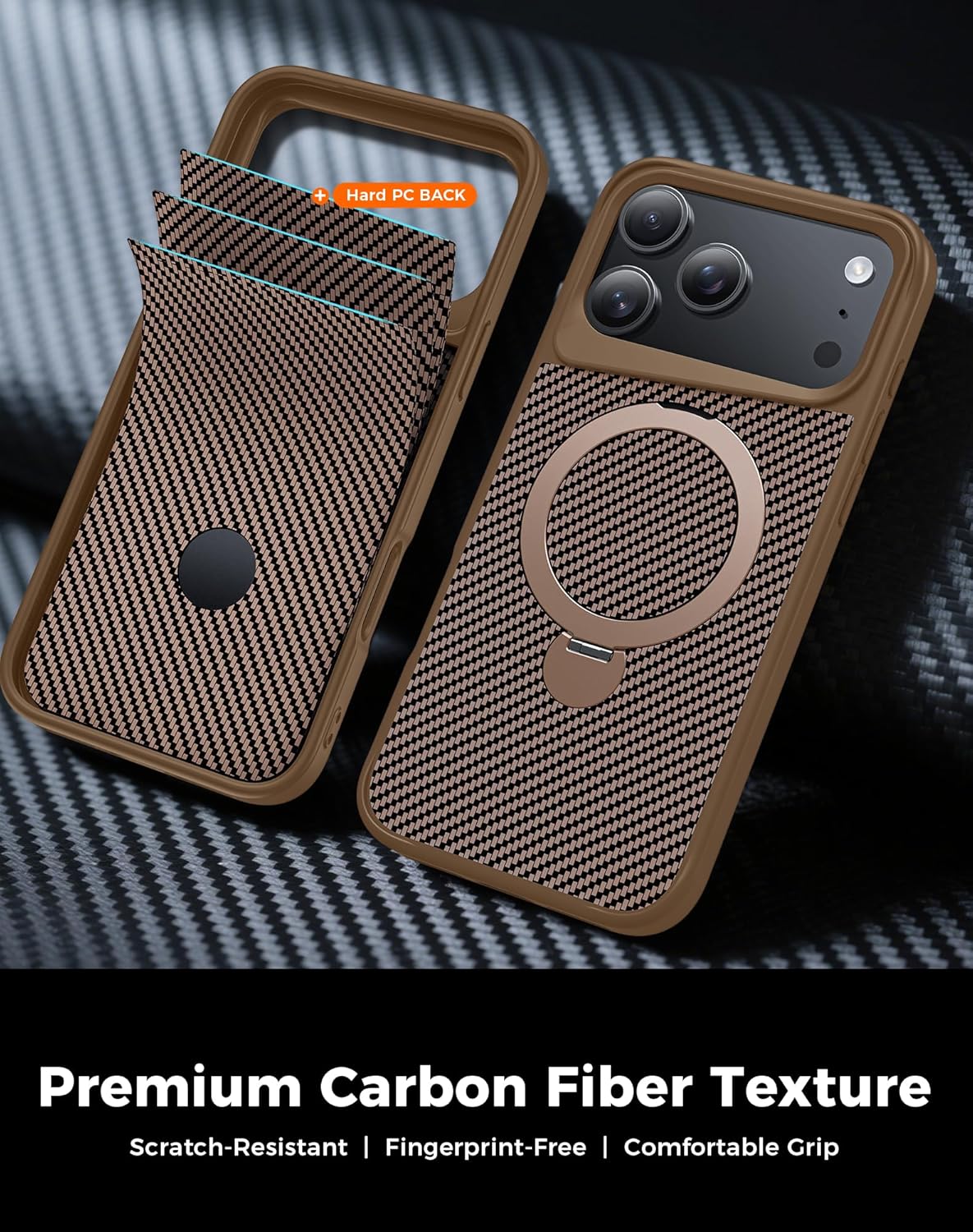 Designed for iPhone 17 Pro Max Case with 360° Magnetic Stand, Carbon Fiber Phone Case [Compatible with Magsafe] [15FT Military Protection] with Stand Ring 6.9'', Desert Titanium