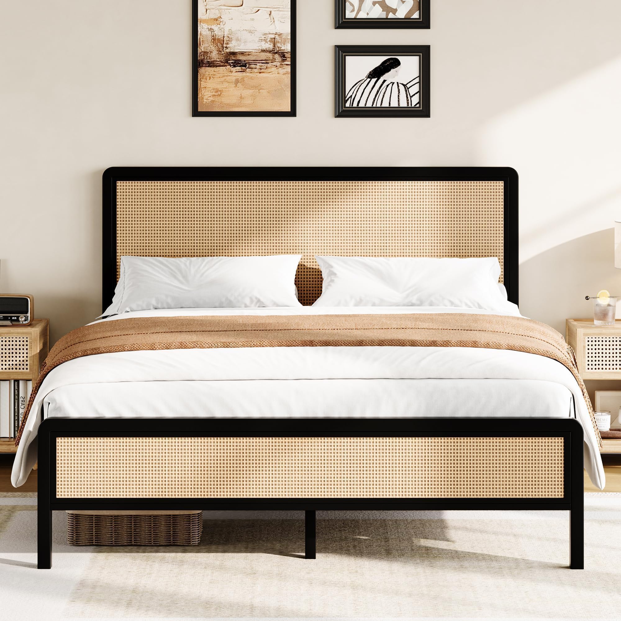 Rattan Bed Frame Full with Headboard, Boho Rattan Full Size Bed Frame, Metal Platform Bed Frames with Steel Slats Support, No Box Spring Needed, Noise-Free, Easy Assembly, Black