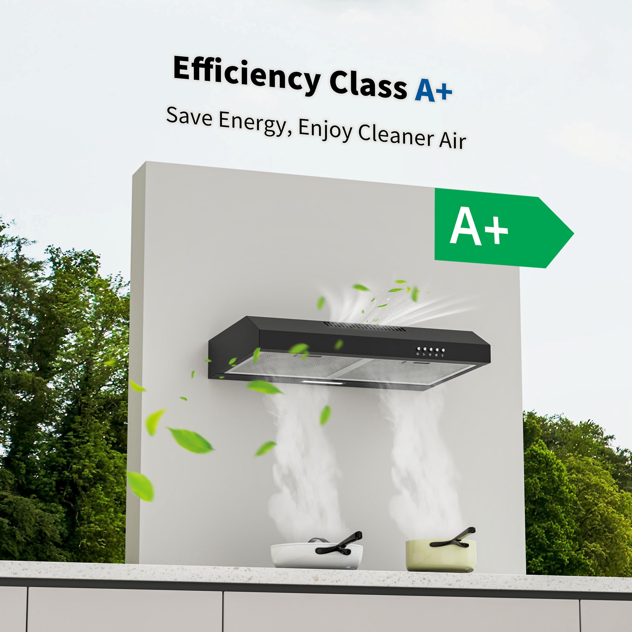 FIREGAS A+ Okap kuchenny do zabudowy 60 cm, powietrze wylotowe i obiegowe, 3 poziomy mocy, filtr węglowy w zestawie, cichy i energooszczędny, oświetlenie LED, czarny okap kuchenny