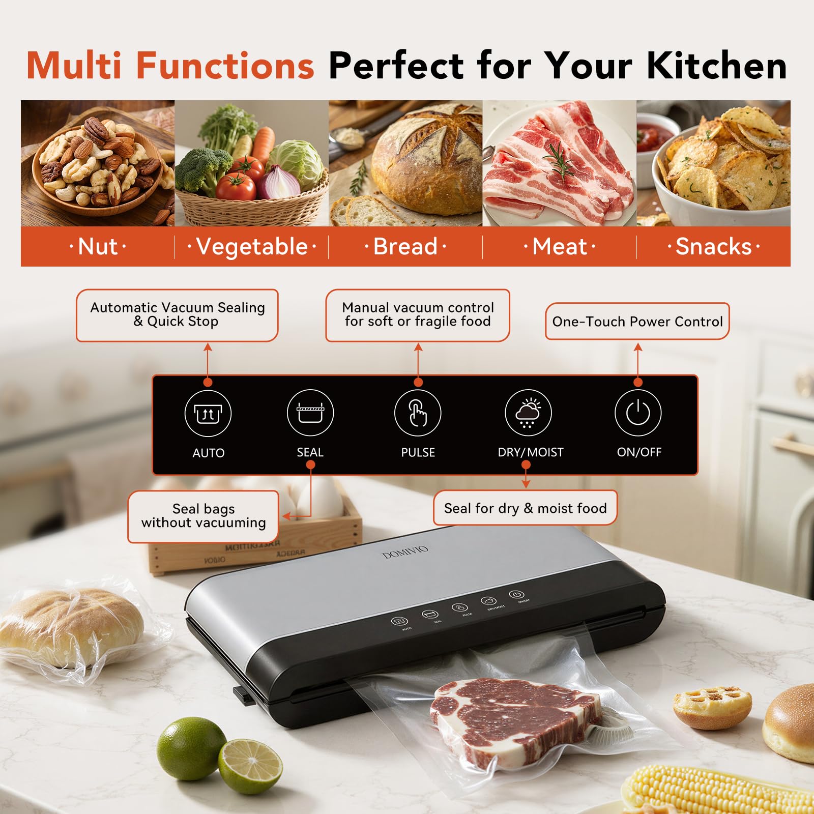 Macchina sottovuoto per alimenti 7 in 1 multifunzione in acciaio inox, macchina sottovuoto automatica con display a LED per Sous-Vide, con 20 sacchetti sottovuoto inclusi