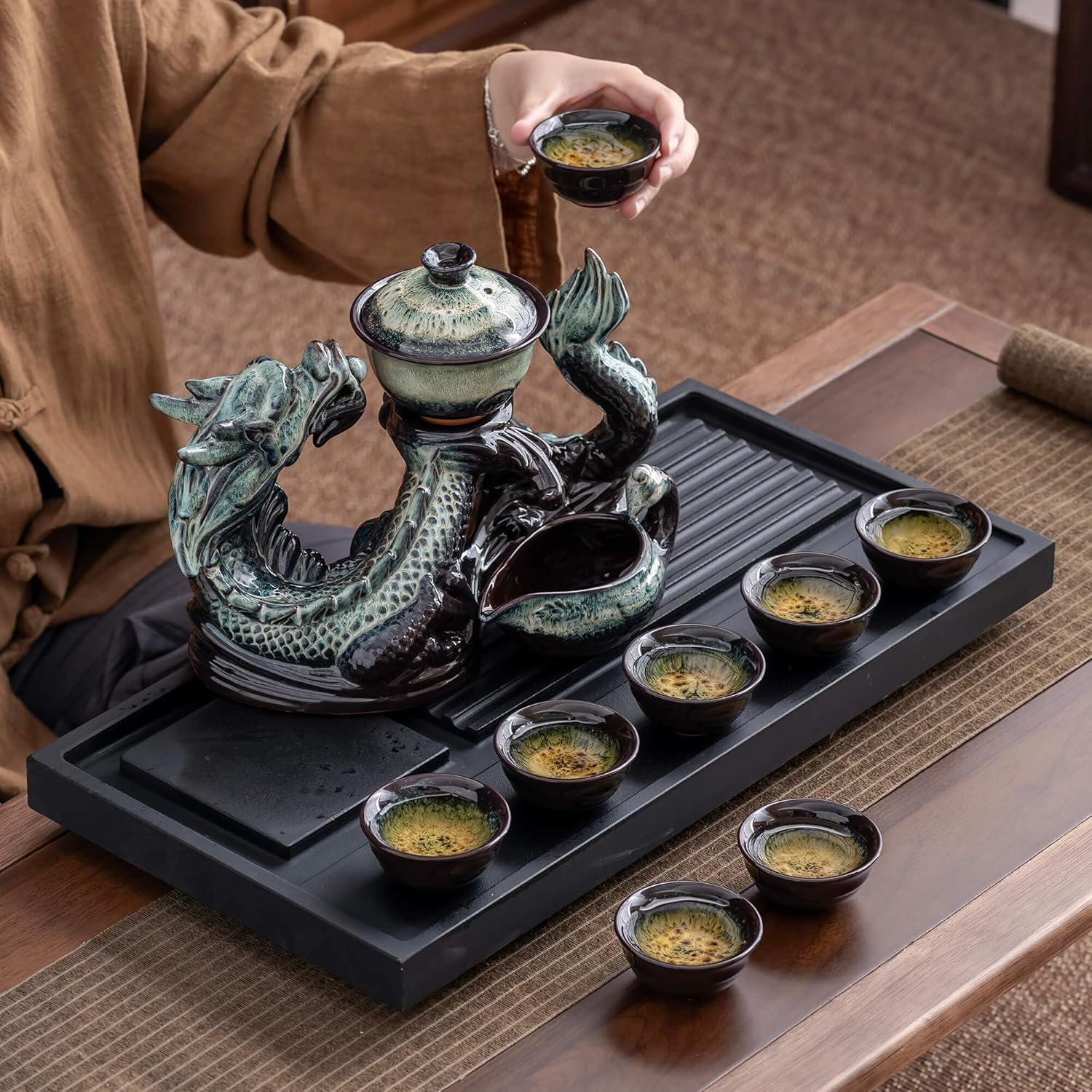 Ceramic Teapot with Infuser Semi Automatic Tea Set Magic Teapot with 8 cups Gradient Color (Gradient Dragon- A)