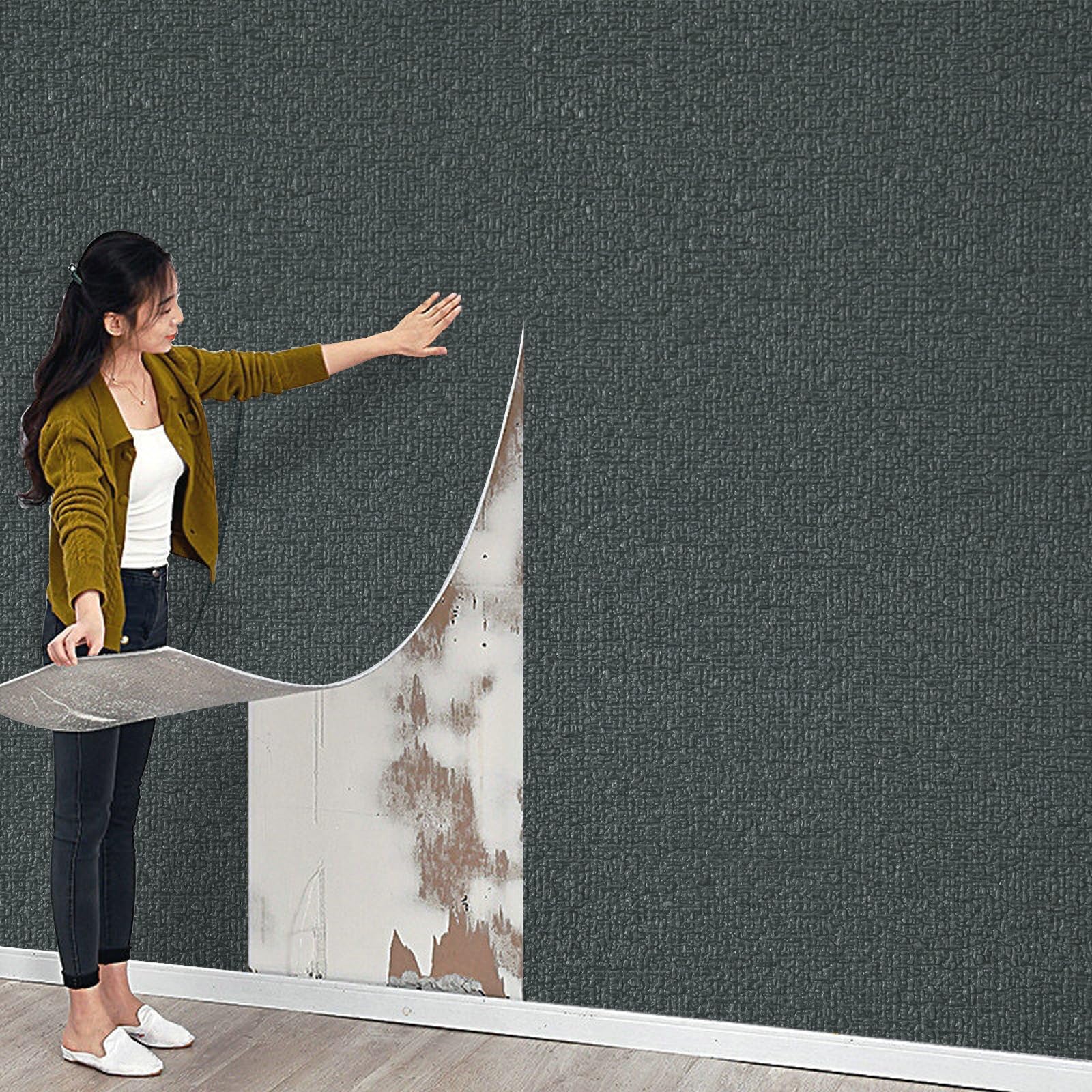 Swehooirt 3mm 4Rolls Thicken Plain Black Grey Self Adhesive Insulation Thermal Wallpaper Roll Peel and Stick Linen Textured Wallpaper Waterproof Bathroom Ceiling Panels Kitchen Living Room Bedroom