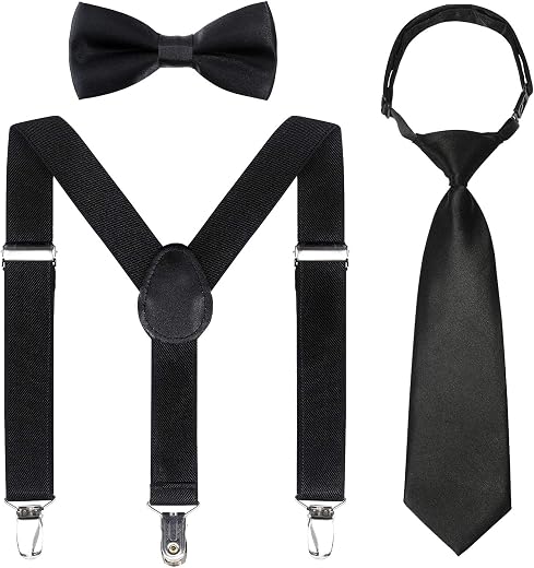 Kids Suspender Bowtie Necktie Sets - Adjustable Elastic Classic Accessory Sets for 6 Months to 13 Year Old Boys & Girls