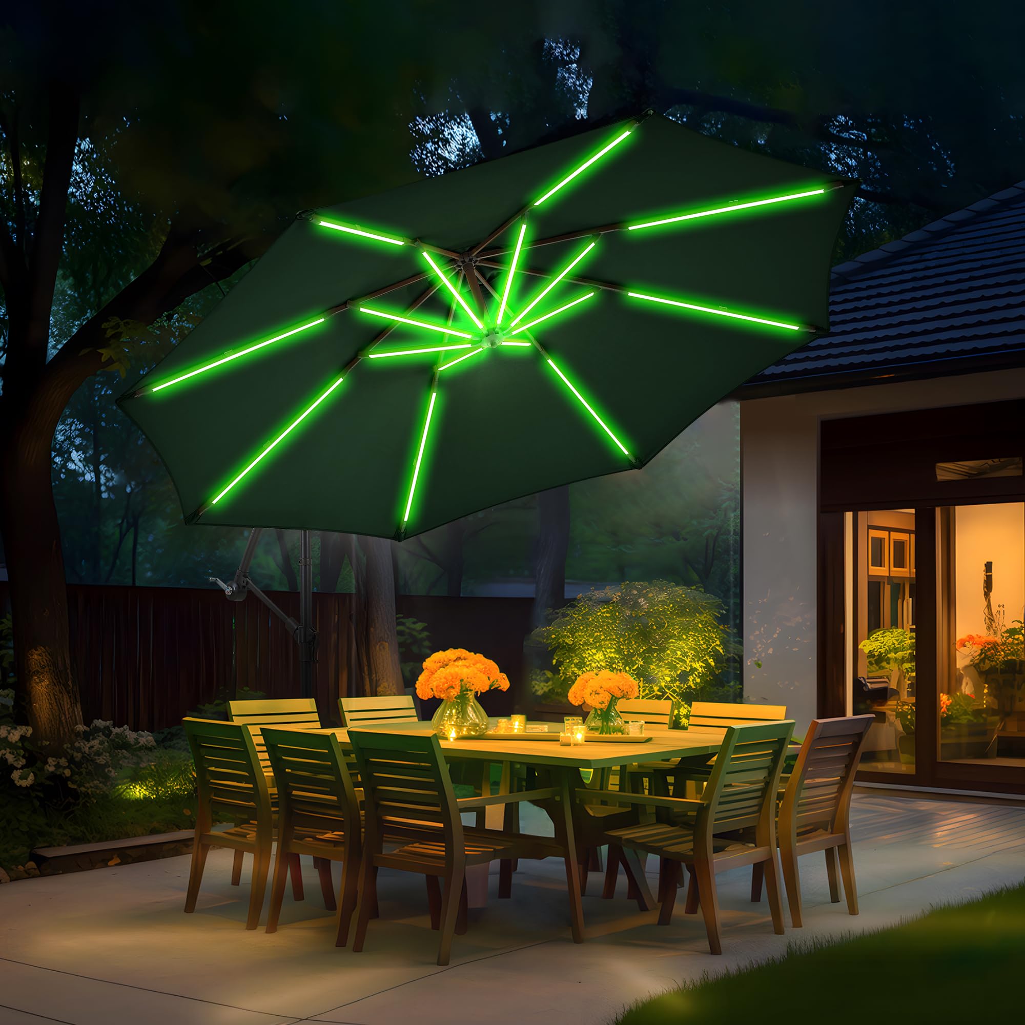 Amazon.com : PEAKVONDER 10 ft Offset Patio Umbrella with Stands Included, Large Cantilever Umbrella Outdoor Patio with Solar Lights, Dual Charging, 8+ Light Modes, Heavy Duty, for Pool, Deck, Market, Dark Green