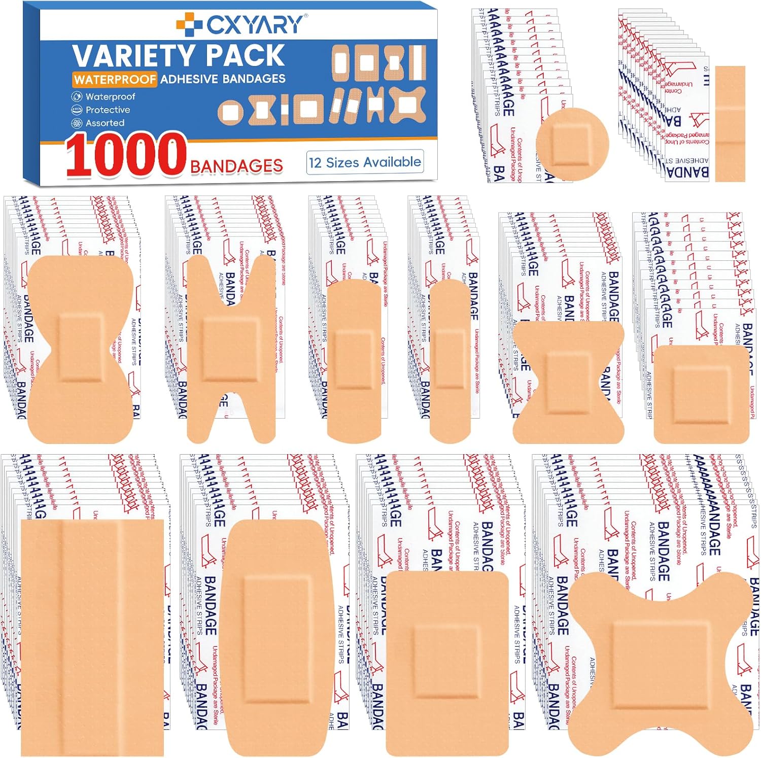 CXYARY 1000 Counts Assorted Bandages Bulk Variety Pack,12 Styles Flexible Heavy Duty Waterproof Bandages Individually Wrapped Used for Emergency Treatment and Skin Wound Care, Latex Free