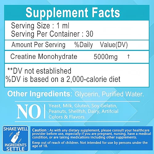 Miniatura 6 de Gotas líquidas de creatina, 98% monohidrato de creatina de alta absorción para mujeres y hombres, creatina de 5000 mg para fuerza muscular,