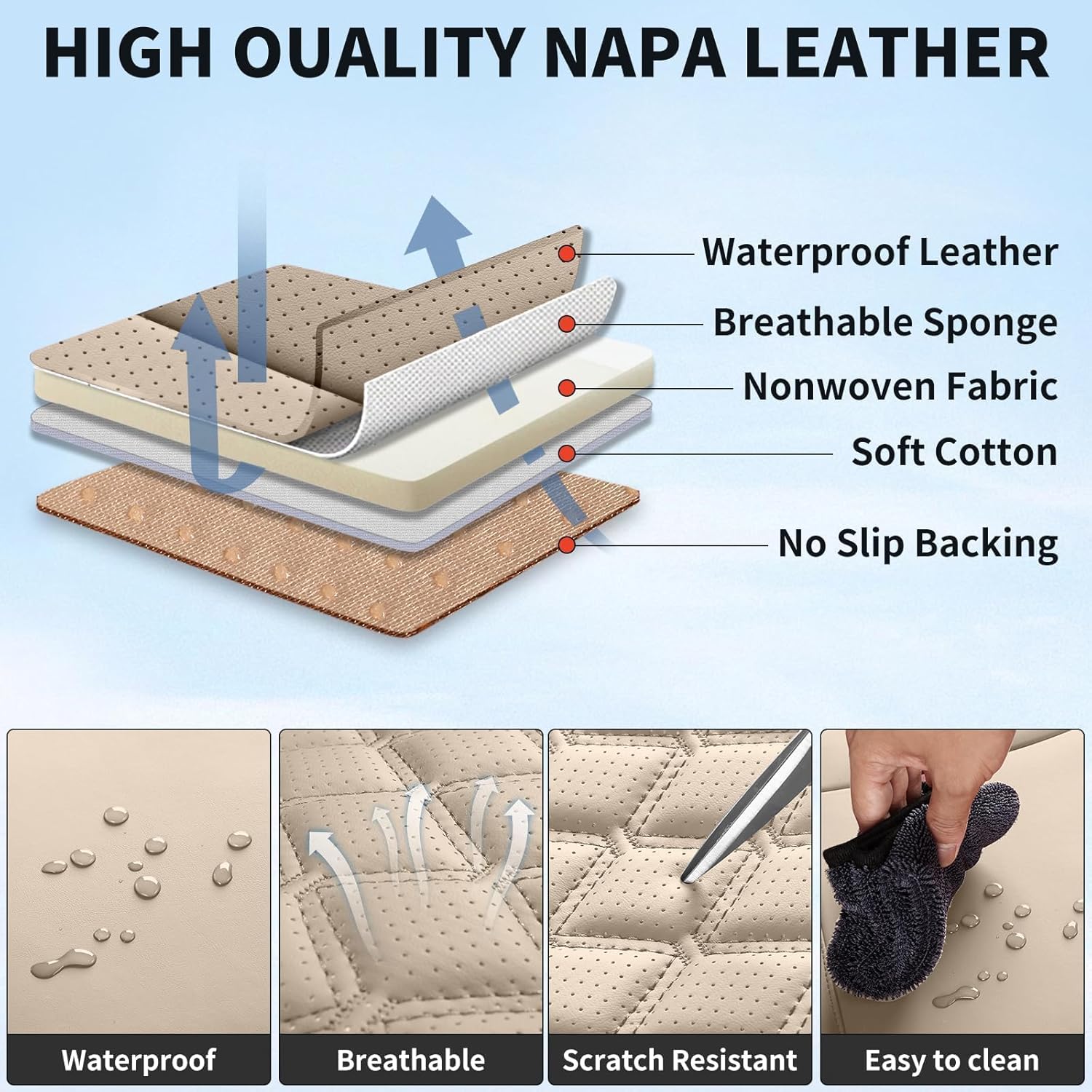 Car Seat Covers, Luxury Faux Leather Waterproof Non-Slip Seat Protector Universal Fit for Most Cars SUVs Trucks Pick-ups,Car Interior Accessories (Beige, Full Set)