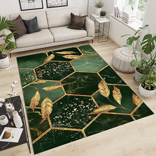Miniatura 4 de Alfombra moderna y ligera de lujo, con hojas geométricas verdes y doradas, alfombra decorativa para interiores, antideslizante, cómoda y duradera