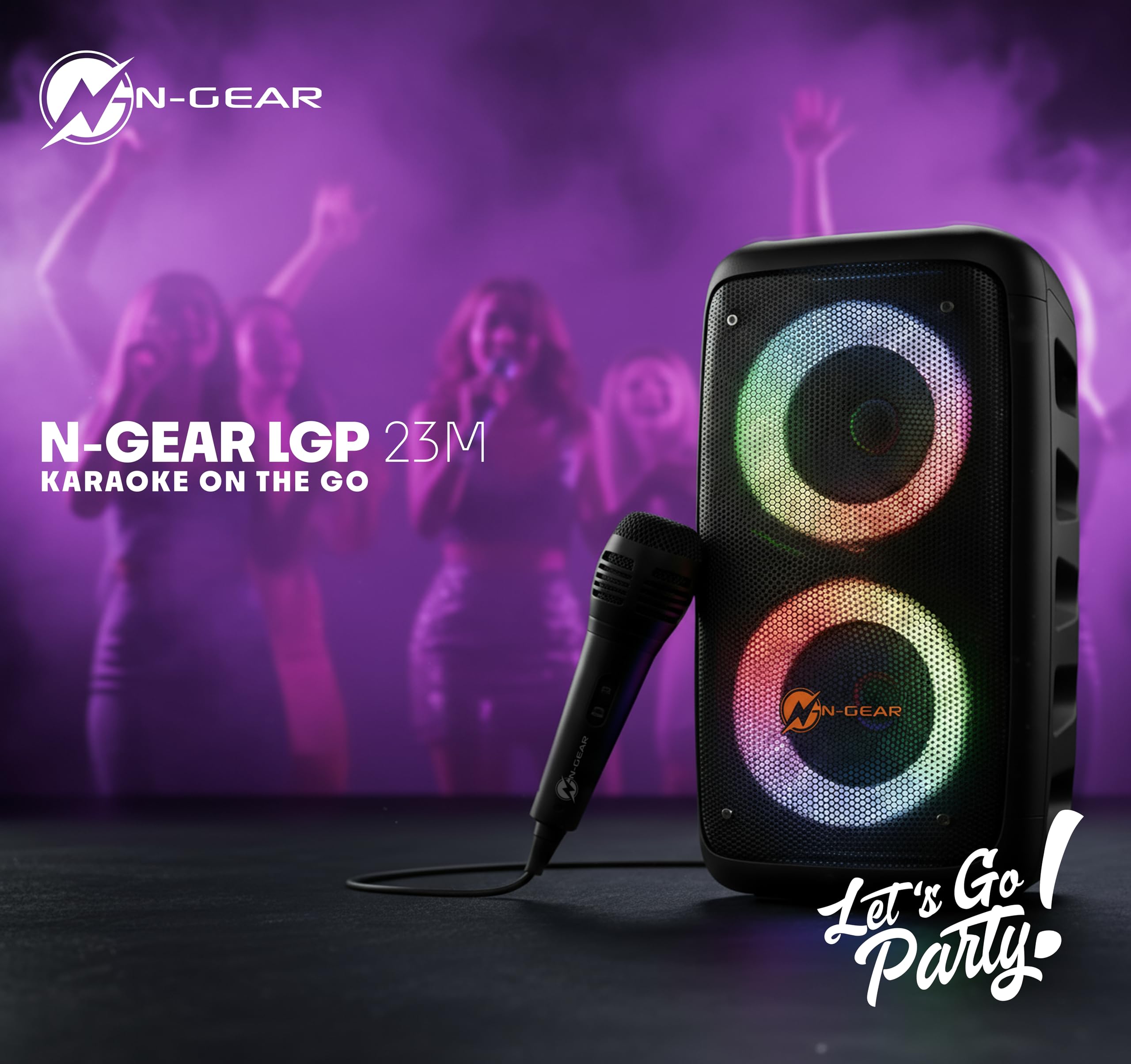 N-Gear Let's Go Party 23M Bluetooth Lautsprecher mit 100W Leistung, 2X 3 Zoll Speakern, RGB LED Beleuchtung und Kabel-Mikrofon. Tragbare Karaoke Anlage für Mobile Feiern und musikalische Events