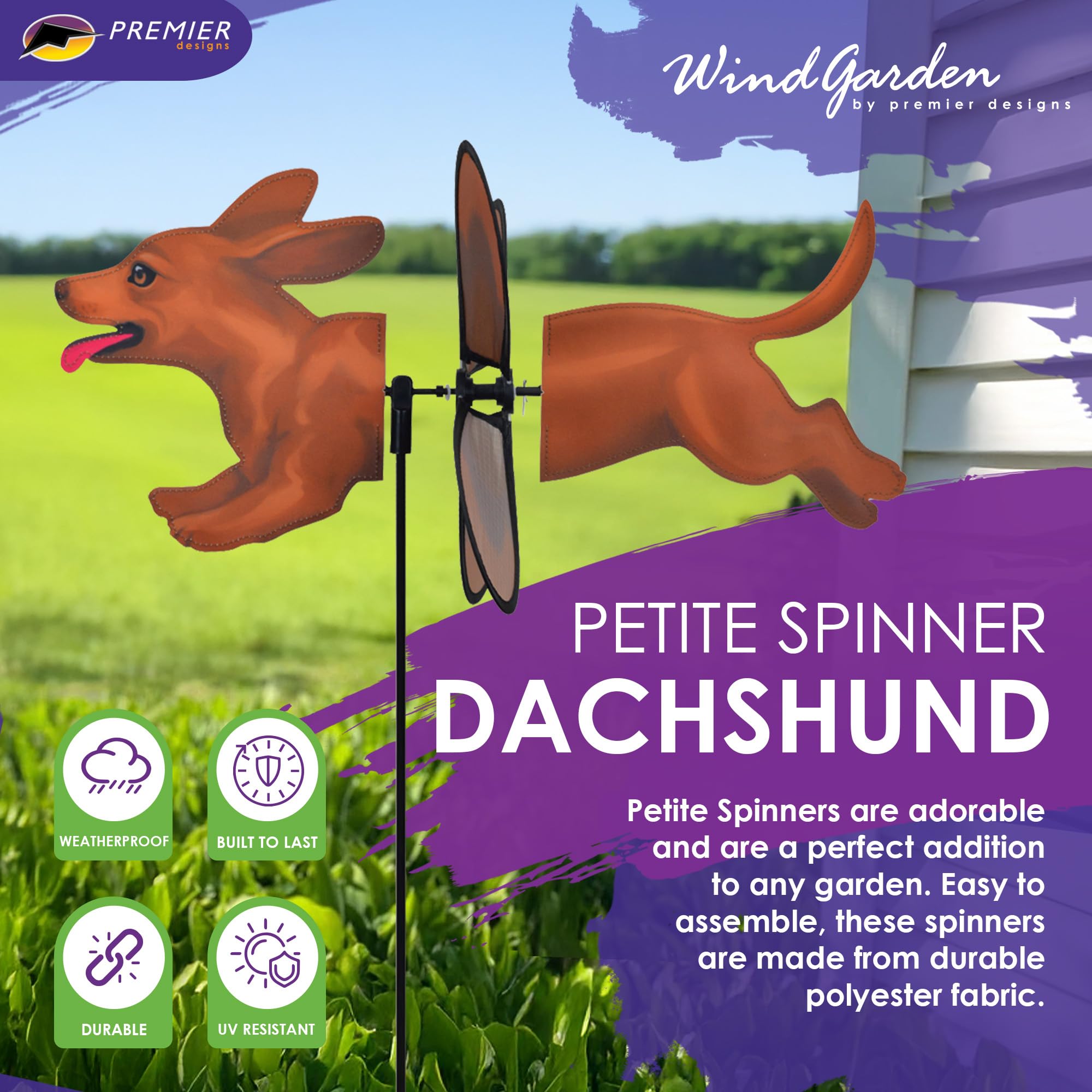 Premier Kites Petite Spinner Dackel - Skurriles Windspiel für Hof & Garten, strapazierfähiges, wetterbeständiges Gewebe, einfach zu montieren, Outdoor-Dekor für Terrassen, Rasen und mehr