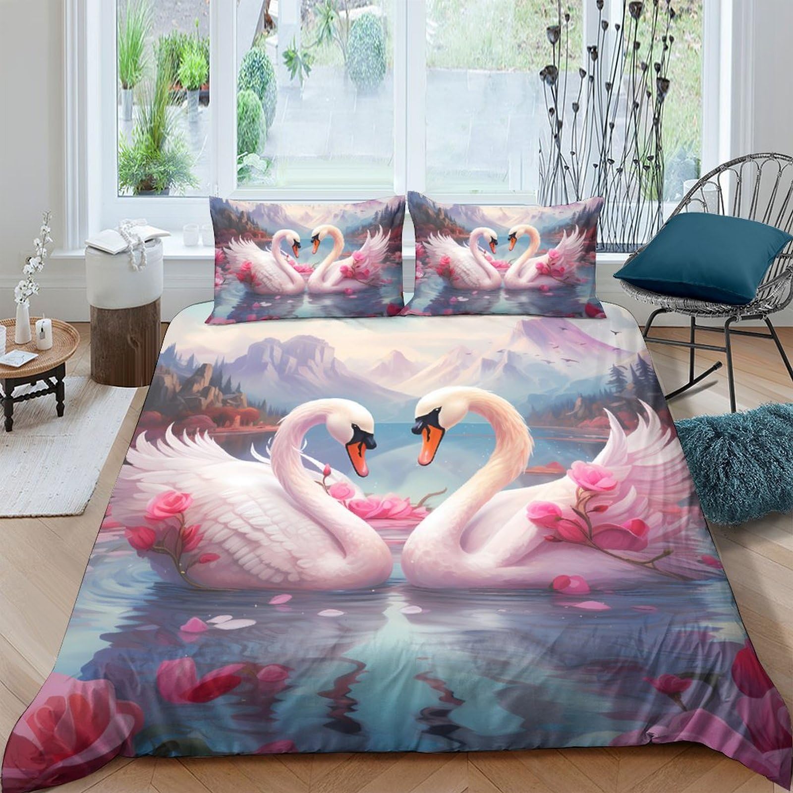 Ctjqhvkz Style-6 3D Printed Swan Lake Fitted Sheet Microfiber Soft Pink Romantic Lotus Mattress Cover For Bedroom Home Decor Single（135X200cm）