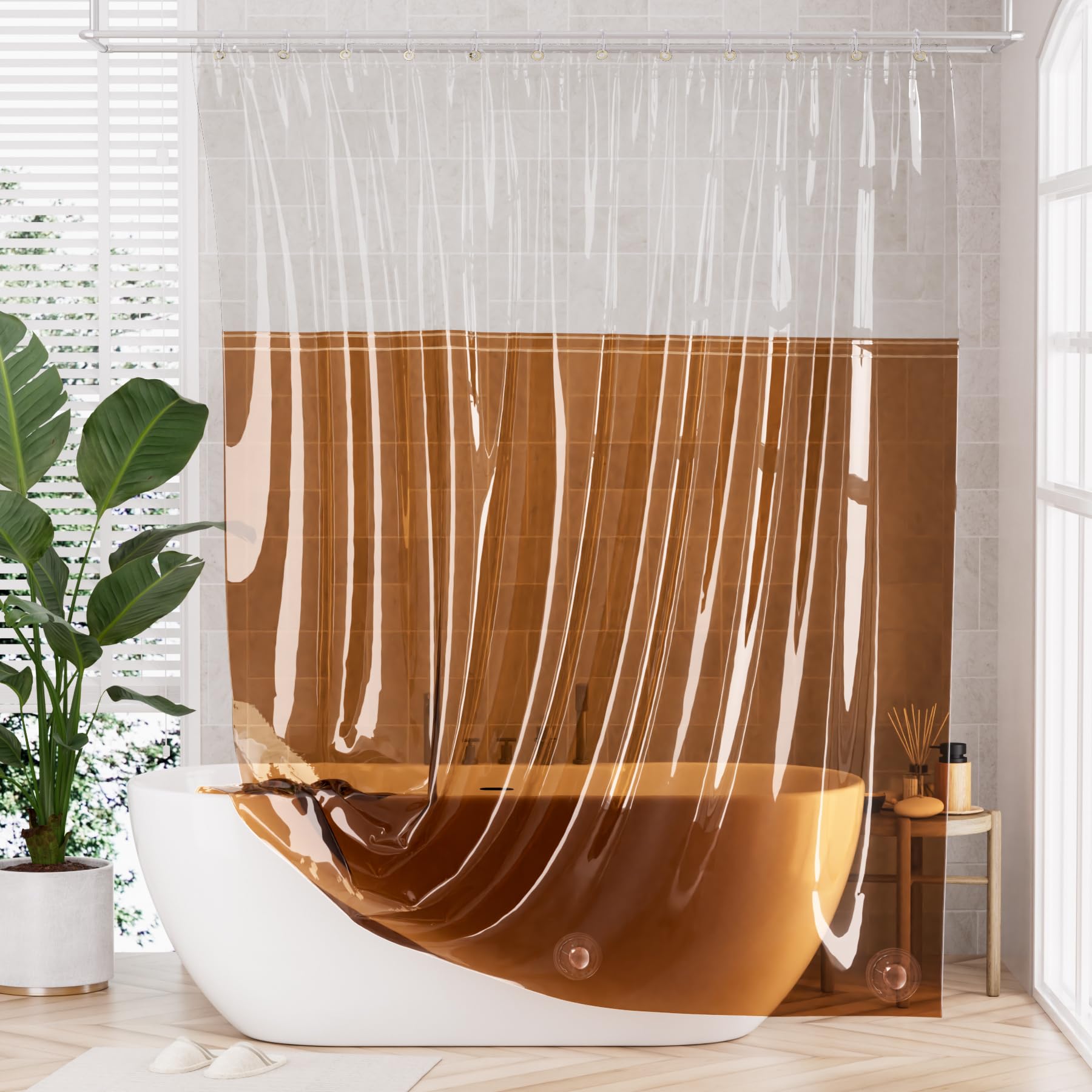 AmazerBath 100% EVA Shower Curtain Liner, 72 x 72 Inches Heavy Duty Shower Curtain and Liner 2-in-1 with 3 Clear Stones and 12 Brass Grommets, Color Block Soft Shower Liner - Clear &amp; Amber